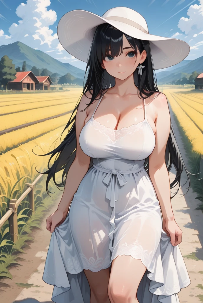 1 woman, black hair, very long hair, cute face, ideal ratio body proportions, blush, (((((hair over eyes))))), (curvy), (((large breasts))), (((large hip))), ((cleavage)), ((Straw hat)), (((White negligee))), ((Expressionless)), ((White dress)), ((Close your mouth)), ((((multiple angle)))), (Rural landscape:1.5), cowboy shot, (((((spoken heart))))), ((from front)), ((from below)), (((looking down at viewer))), ((32k)), ((best quality)), ((ultra high res)), ((HDR)), ((UHD)), ((extremely detailed CG)), ((unity 32k wallpaper)), ((perfect anatomy)), (((anime colored))),