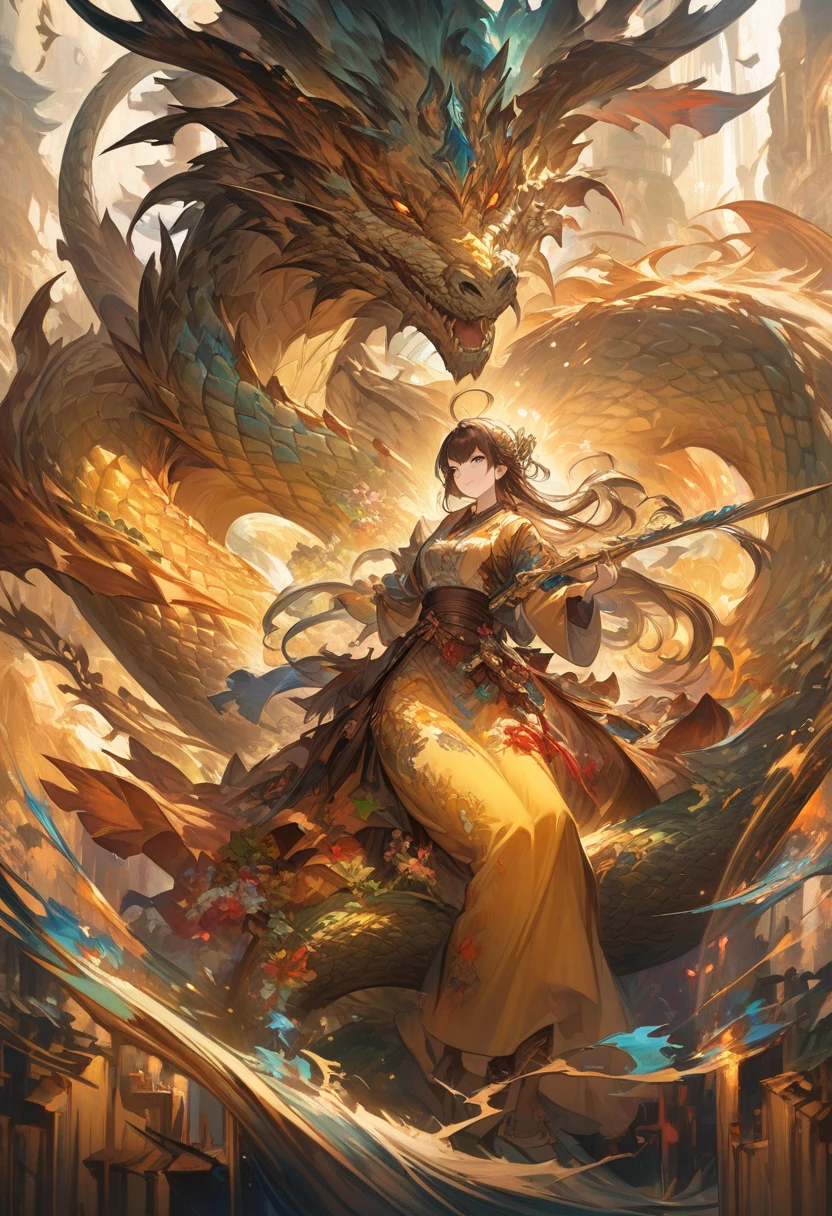 Riding monsters，1girll，,anatomy correct,long whitr hair，dragon monsters，female focus，sitted，Oriental elements，Ink painting style, Clean colors,Golden space, Soft lighting, ( Bokeh)，Masterpiece, Super detailed, Epic composition, Highest quality, 16k，