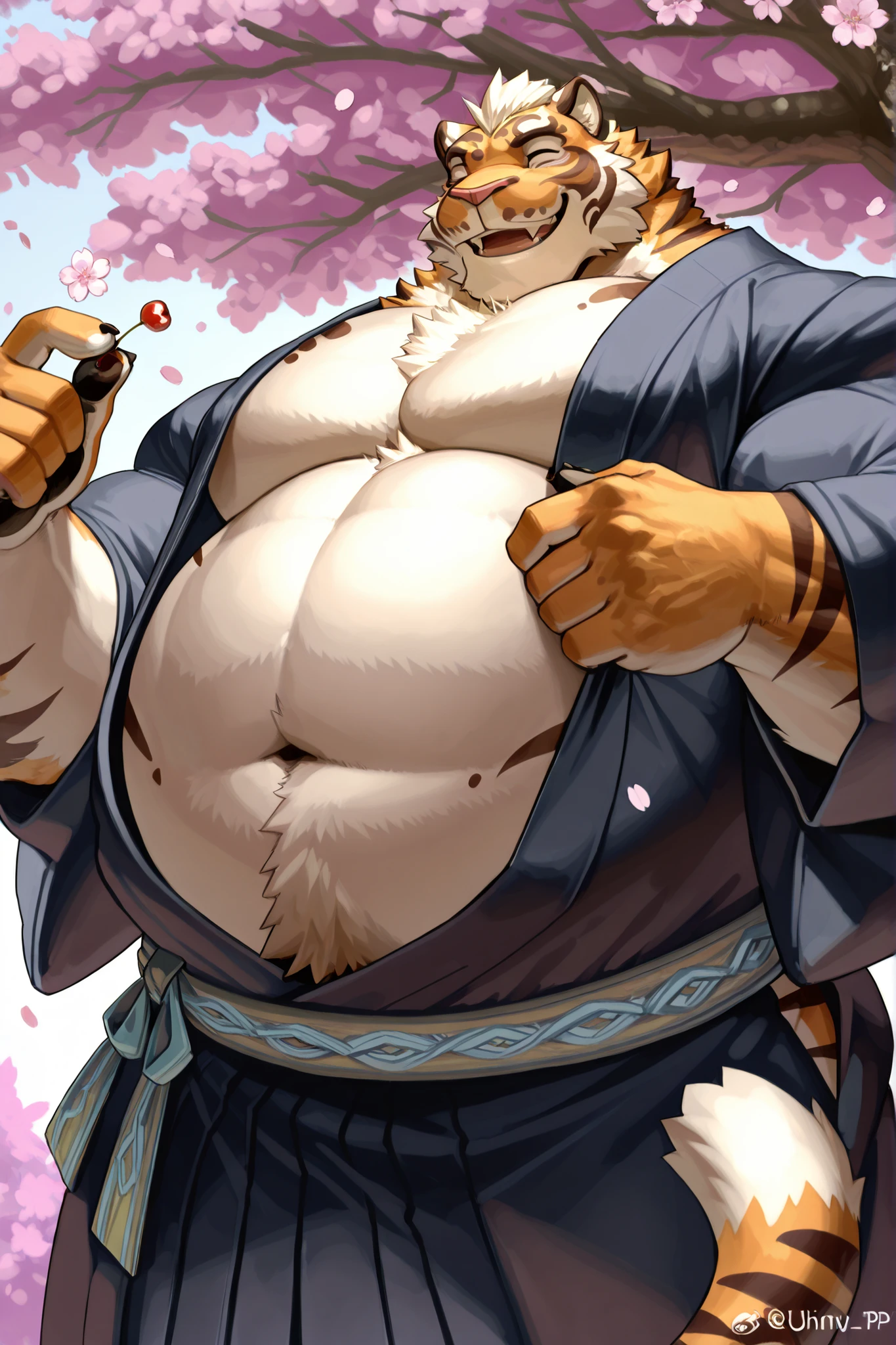 Lin Hu - Nekojishi, solo,, huge muscular man wearing kimono, looking cherry blossoms fall, , huge tree in backgrond, , , in under Cherry Blossom tree, Cherry Blossom flower, (foreground cherry blossoms fall), smile, happy, windy, furry tiger, orange furr, open eyes, detailed eyes, eyes, extremely detailed muscle, , white bearded), masterpiece, 8k, high detail, f/1.8, 135mm, Nikon, UHD, retina, masterpiece, curate, anatomically correct, textured skin, super detail, high details, high quality, best quality, highres, 1080P, HD, 4K, 8k,big fat belly,hyper belly