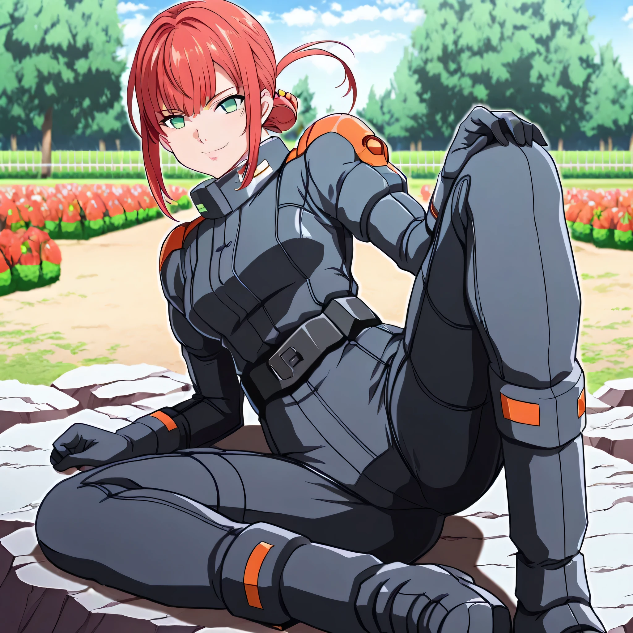ultra-High resolution, score_9,score_8_up,score_7_up,score_6_up,score_5_up,score_4_up, BREAK, source_anime, anime screencap, uncensored, rating_explicit, Masterpiece, curvy, dark persona, looking at viewer, Fighting Stance, (((solo, 1girl))), hair ornament, (((zabiarov, pilotsuit, black pilotsuit, pilot gloves, pilotshoes))), ZetaGBTT, seductive pose, submissive pose, medium breast, alma_CF, red hair, short hair with long locks, bangs, sidelocks, single hair bun, hair ornament, floating hair, ponytail, green eyes, smile, young girl, cute, outdoors, garden, tree, flowers, lying down on rock
