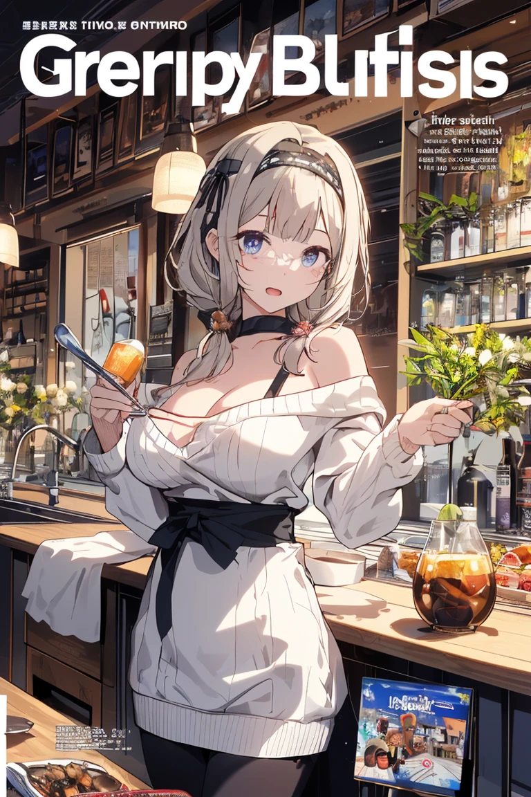 (small breasts:1.3), (perky chest:1.1), (pointed chest:1.0), (Pudding cake magazine cover:1.3)，(from above:1.0),(from side:0.9),masterpiece, 1girl, Amazing Cleavage:1.1, thin waist, big ass, Raised sexy, small breast: 1.3, sexy posed cleavage:1.2,solo, open mouth, have a cute grass of cute beergrass,bronde hair, dark blue eyes, dress, bare shoulders, jewelry, collarbone, sidelocks, hairband, earrings, indoors, off shoulder, sweater, arms behind back, plant, short hair with long locks, gild hairband, sweater dress:1.2, off-shoulder sweater, red sweater, dark gord hair, big side hair, very long side hair,is rendered in (masterpiece: 1.2, best quality), with (ultra high resolution) and an exquisite (depth of field). This masterpiece is not only visually stunning but also tells,A scene of cooking in the kitchen in the classroom ,looking at viewer,
