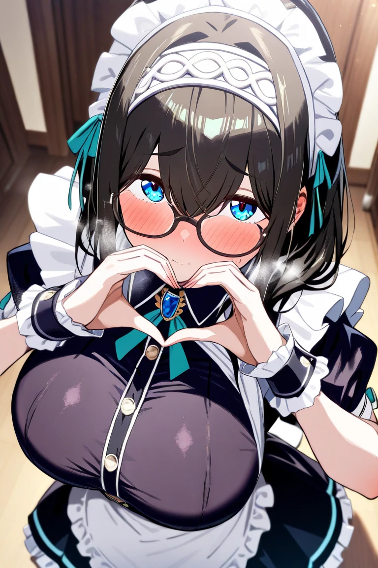 ultra-detailliert, Best Quality, High resolution, ((A petite, black-haired girl with a large face and cute droopy eyes, who wears round glasses and looks up.))、Pretty eyes、Detailed eye depiction、Eye sparkle、Looking at Viewer, pale skin、(((Petite)))、(flat chest:1.4), (blush:1.2), (big eye:1.4), a smile, In bed, Focus on the face, Twintail long hair、On all fours、 ((super close up of tongue))、(((from below))), open_mouth, (((face only))), ((naked)), nsfw, drooling, hyper sweat, maid clothes