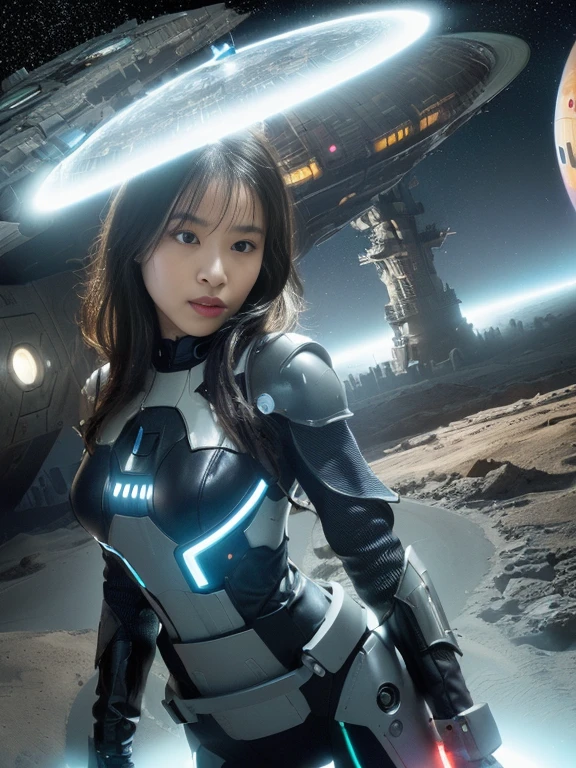 ultra-detailed, 1 girl, Asian, slim athletic body, detailed dark brown eyes, dark brown hair, short hair, modest breasts, smile, gaze at viewer, form-fitting space suit, interior of space ship, control panels, futuristic instruments