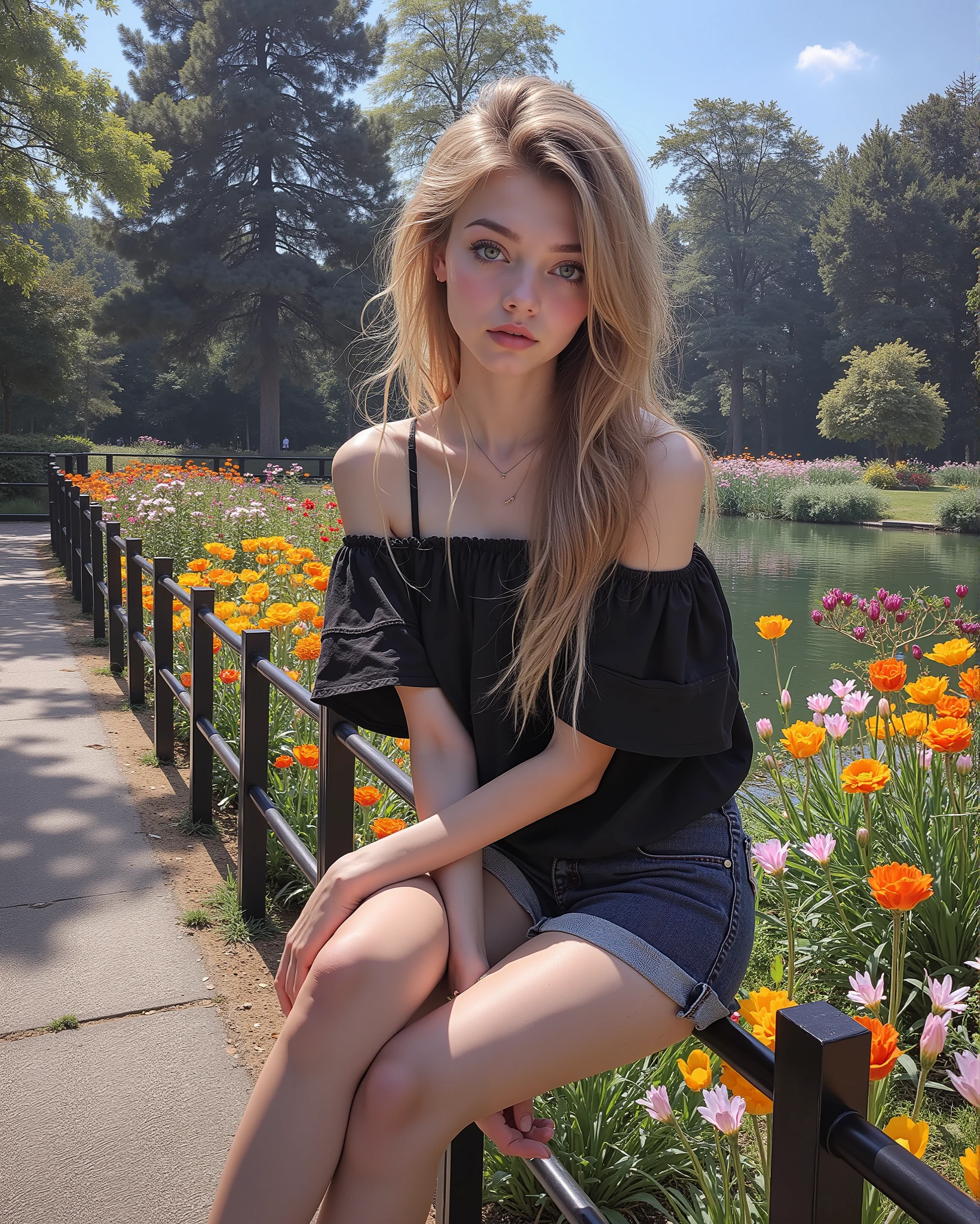High quality and high definition photo. Young slender nice European woman with nice opened grey eyes, 20 YO. Picture of cute blond woman sitting on a fence with flowers in the background, roseanne park of blackpink, anime girl in real life, lalisa manobal, belle delphine, lalisa manoban of blackpink, misa amane *, with long blond hair, misa amane, rena nounen style 3/4, taken in the early 2020s