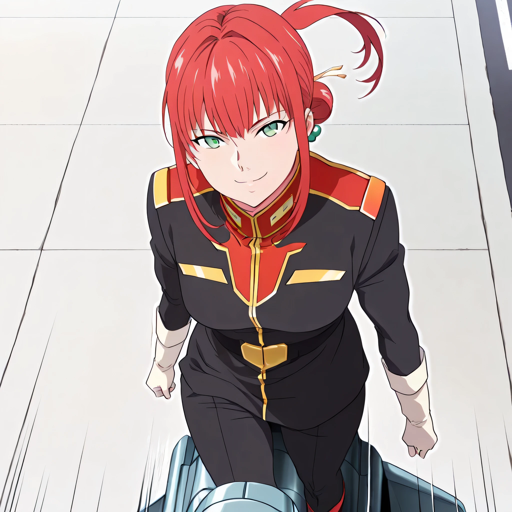 ultra-High resolution, score_9,score_8_up,score_7_up,score_6_up,score_5_up,score_4_up, BREAK, source_anime, anime screencap, uncensored, rating_explicit, Masterpiece, curvy, dark persona, looking at viewer, Fighting Stance, (((solo, 1girl))), hair ornament, (((zabiarov, military uniform, white gloves, black pants, boots, black uniform))), ZetaGBTT, seductive pose, submissive pose, medium breast, alma_CF, red hair, short hair with long locks, bangs, sidelocks, single hair bun, hair ornament, floating hair, ponytail, green eyes, smile, young girl, cute, outdoors, war, science fiction, vehicle focus, wappa, riding, vehicle, air craft, outdoors, happy, smile, motion lines, flying, from above, parking lot, military base,