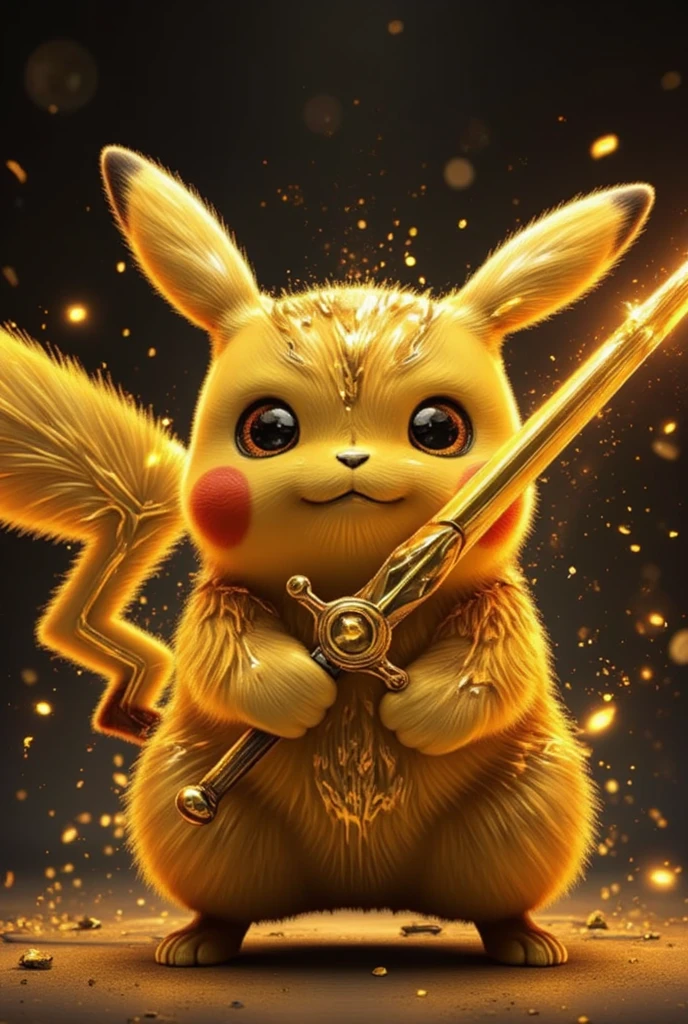 dis211,a golden metallic pikachu standing proudly . pikachu have got a new power of the gold. The Pikachu holding a holly sword made of golf and holding the sword high over its Head.It's face-expression is determined and proud of what it's became. But it's Power is still fragile. Darkness sorround it.