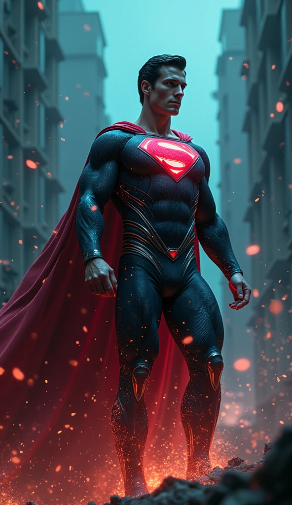 a handsome man in a superman costume,extremely detailed face and body,muscular physique,large penis bulge in tight pants,high quality 3d render,cinematic lighting,dramatic shadows,vibrant colors,photorealistic,award winning digital art