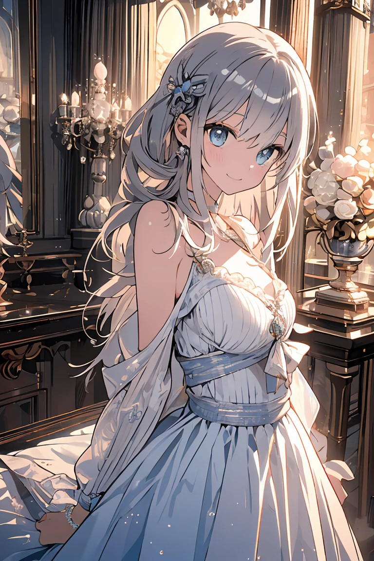 woman, long light hair, Blue eyes, curvy body, In a luxurious dress with an open back, Luxurious old-fashioned dress, a detailed and rich description of a women's aristocratic dress with an open back in the Rococo style., highlighting luxurious fabrics, Complex embroidery, and decorative accessories, Background in Rococo style