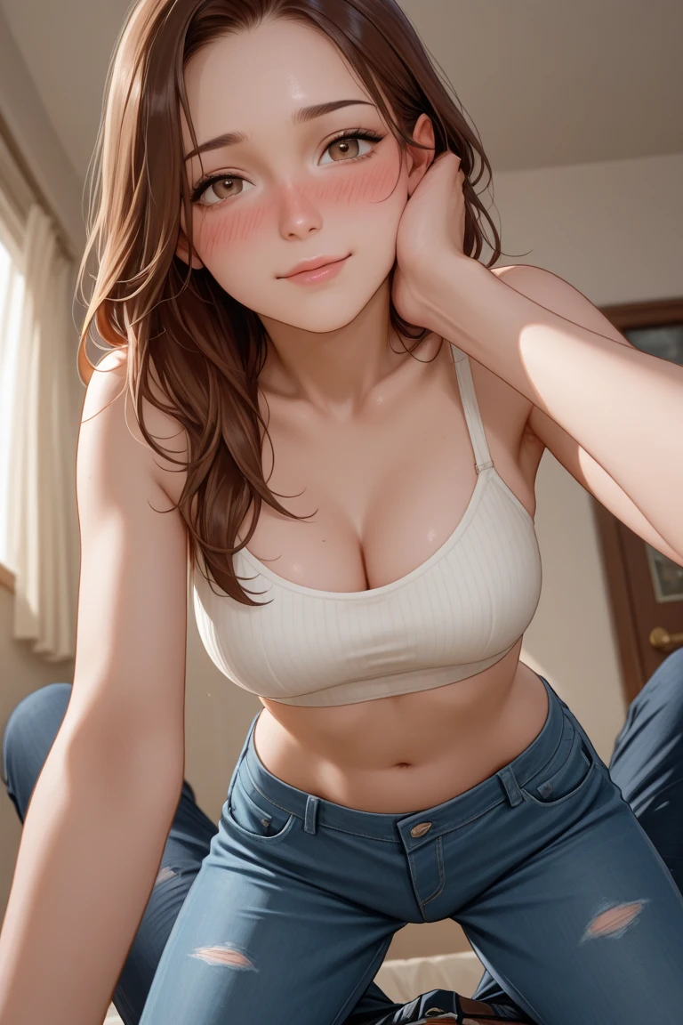 (photo of a beautiful woman), (1), (Very detailed face), (8k, Raw photo, best quality), realistic, Best Quality, My dark hair falls to the middle of my back, ((I have large light blue eyes)), my face is angelic, with fine and delicate features, I have a small, straight nose, my lips are full and pink, (my skin is clear and smooth, with a layer of freckles on my nose and cheeks), my breasts are medium, C cup, with small pink nipples. My waist is thin, but my hips are wide, my legs are long and thin, but my thighs are toned. I have a curvy ass, but nothing too insane. ((upper body))