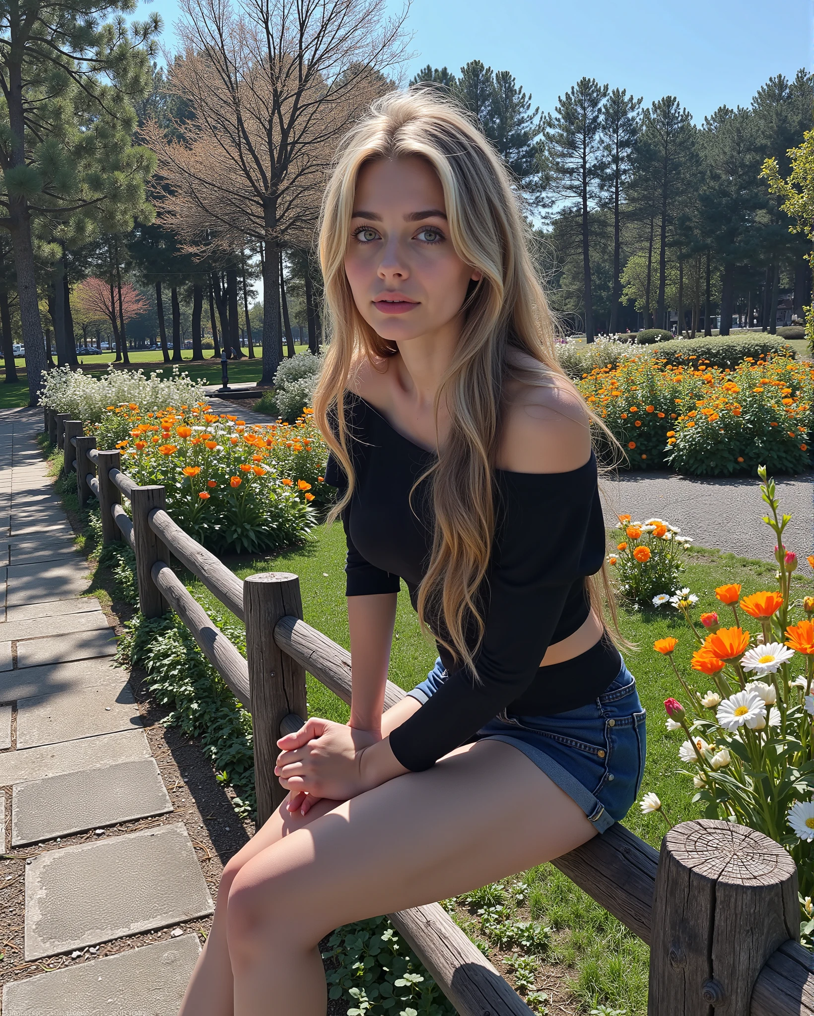 High quality and high definition photo. Young slender nice European woman with nice opened grey eyes, 20 YO. Picture of cute blond woman sitting on a fence with flowers in the background, roseanne park of blackpink, anime girl in real life, lalisa manobal, belle delphine, lalisa manoban of blackpink, misa amane *, with long blond hair, misa amane, rena nounen style 3/4, taken in the early 2020s