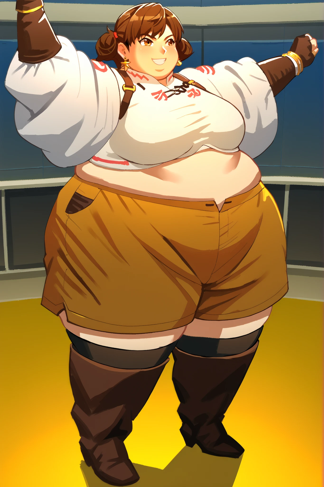 (masterpiece, best quality, highly detailed), 1girls, big belly, huge belly, art by kipteitei, round belly, chubby, curvy, belly grab, enormous belly, fat belly, thicc, bigger belly, really big belly, jiggly belly, glasses, unzipped jacket, (no shirt), bra, thight shorts, high heels, smug face ((full body)), long hair, ((dominant)), giantess
