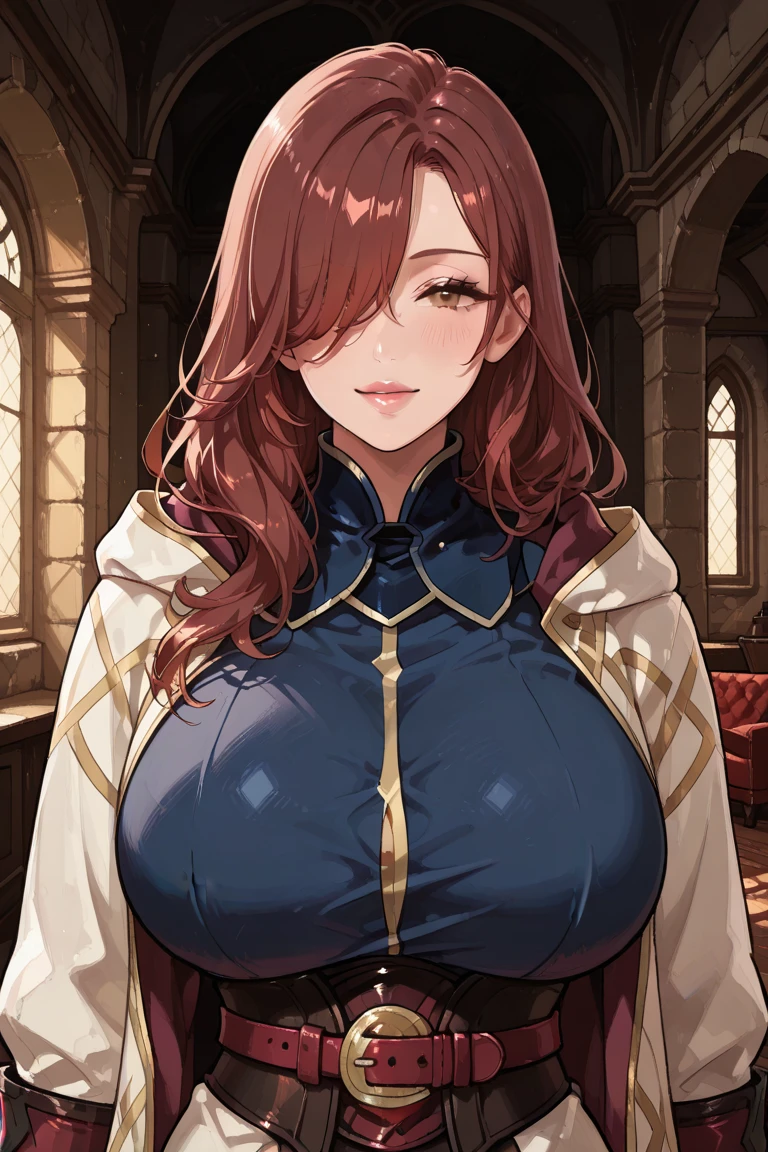 masterpiece, best quality, <lora:dmastraea-nvwls-v1-000009:0.9> dmastraea, white dress, detached collar, bare shoulders, cleavage, long dress, detached sleeves, huge breasts, indoors, cathedral, closed eyes, smile, looking at viewer