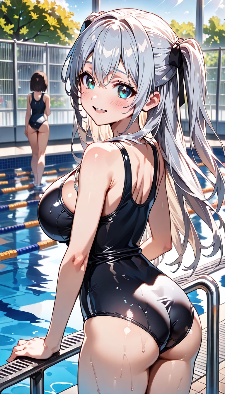 Silver-haired blue eyes、 girl、Small breasts、Twin tails、Laughter、Nico Nico Smile、Wink、 girl、Looks about 、Petan Musume、short、There are highlights in the eyes、Coming to the pool、Wear a cute swimsuit、Slide down the slider、Gal-like appearance、Wearing piercings