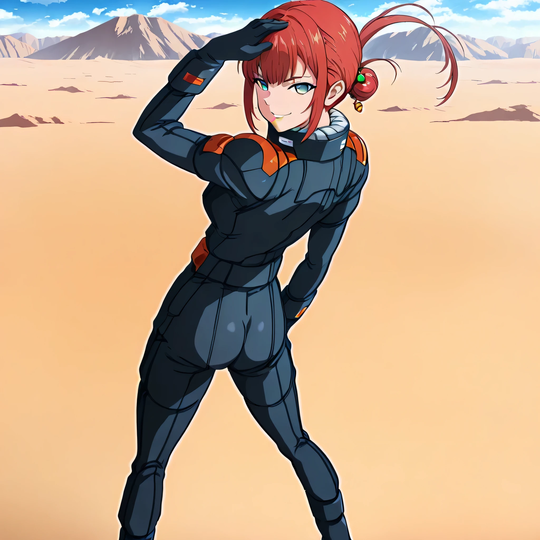 ultra-High resolution, score_9,score_8_up,score_7_up,score_6_up,score_5_up,score_4_up, BREAK, source_anime, anime screencap, uncensored, rating_explicit, Masterpiece, curvy, dark persona, looking at viewer, Fighting Stance, (((solo, 1girl))), hair ornament, (((zabiarov, pilotsuit, black pilotsuit, pilot gloves, pilotshoes))), ZetaGBTT, seductive pose, submissive pose, medium breast, alma_CF, red hair, short hair with long locks, bangs, sidelocks, single hair bun, hair ornament, floating hair, ponytail, green eyes, smile, young girl, cute, ass, looking from back, from back, from behind, view from back, looking aways, wind, hand on hair, mountain, sand, desert