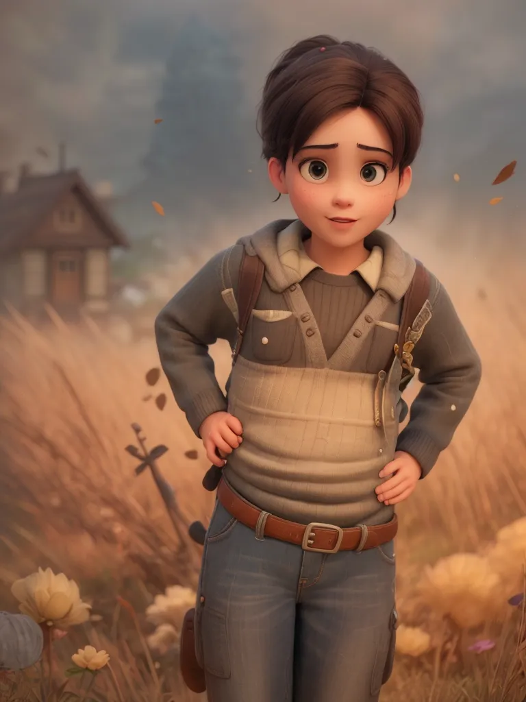 A waist-length portrait of a young boy, showing Pixar style, lively and mischievous atmosphere, natural and delicate skin texture, clear texture, 4K HD texture, HDR high dynamic range, intricate line elements and very detailed details, the focus is very sharp, and the appearance is cinematic super detailed. This kid climbs trees and fights all day