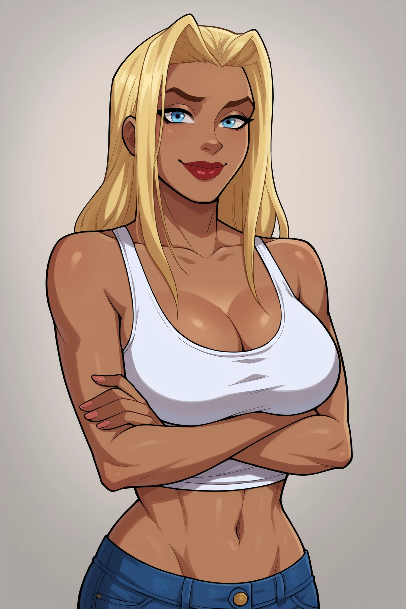 score_9,score_8_up,score_7_up BREAK supergirlApocalypse, 1girl, long hair, blue eyes, blonde hair, navel, midriff, dark skin, dark-skinned female, dark red lips, superhero, looking at viewer, curvy, athletic, large breasts, cleavage, white tank top, red jeans, bedroom, standing, happy expression, smiling, closed mouth, arms crossed, crossed arms 