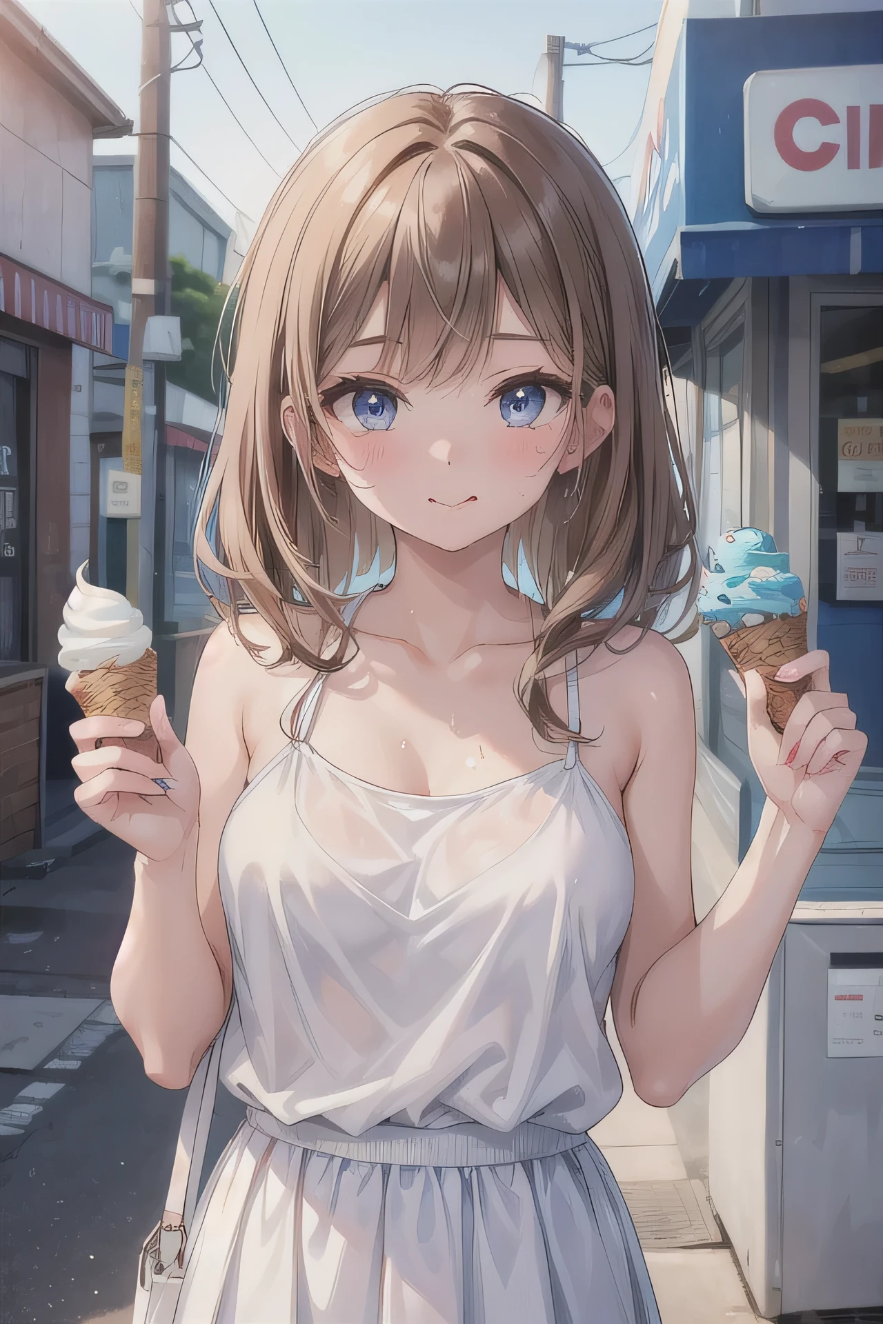 (Best quality, 8k, 32k, Masterpiece, UHD,:1.2),RAW, 1girl,ultra cute , natural lighting,transparent shining eyes, 20yo ,fair complexion, dark brown hair, french braid, flushed face,femur, medium hair, Tank top, short denim, ice cream, Sweat, ponytail, side view, washitsu