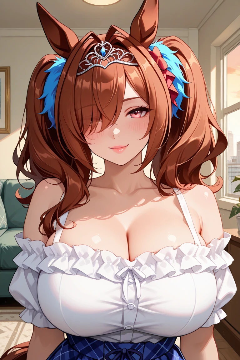 full body, extreme curls hair, short hair, lustful eyes, open mouth smile, aroused 25 years old, playfully aroused, dripping with desire, busty cleavage, slim waist, posing by the sofa, coy smile with open parted lips, (blushing:1.3), looking lovingly at the viewer, seductive eyes, facing the viewer, livingroom background, arms out (pov), glowing eyes, necklace, earrings, nsfw,