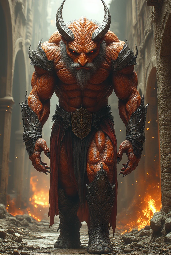 This image depicts a powerful and imposing Minotaur, a mythical creature with a human-like body and a Red mask Spider-Man-like head. The Minotaur is extremely muscular, wearing fur clothing and heavy, ornate armor. It stands in an ancient, ruined temple, surrounded by huge stone columns and debris. The Minotaur's expression is fierce, and its posture suggests a readiness for battle or confrontation. The atmosphere is filled with a sense of mythical grandeur and danger, possibly evoking a sense of ancient Greek or fantasy-inspired imagery