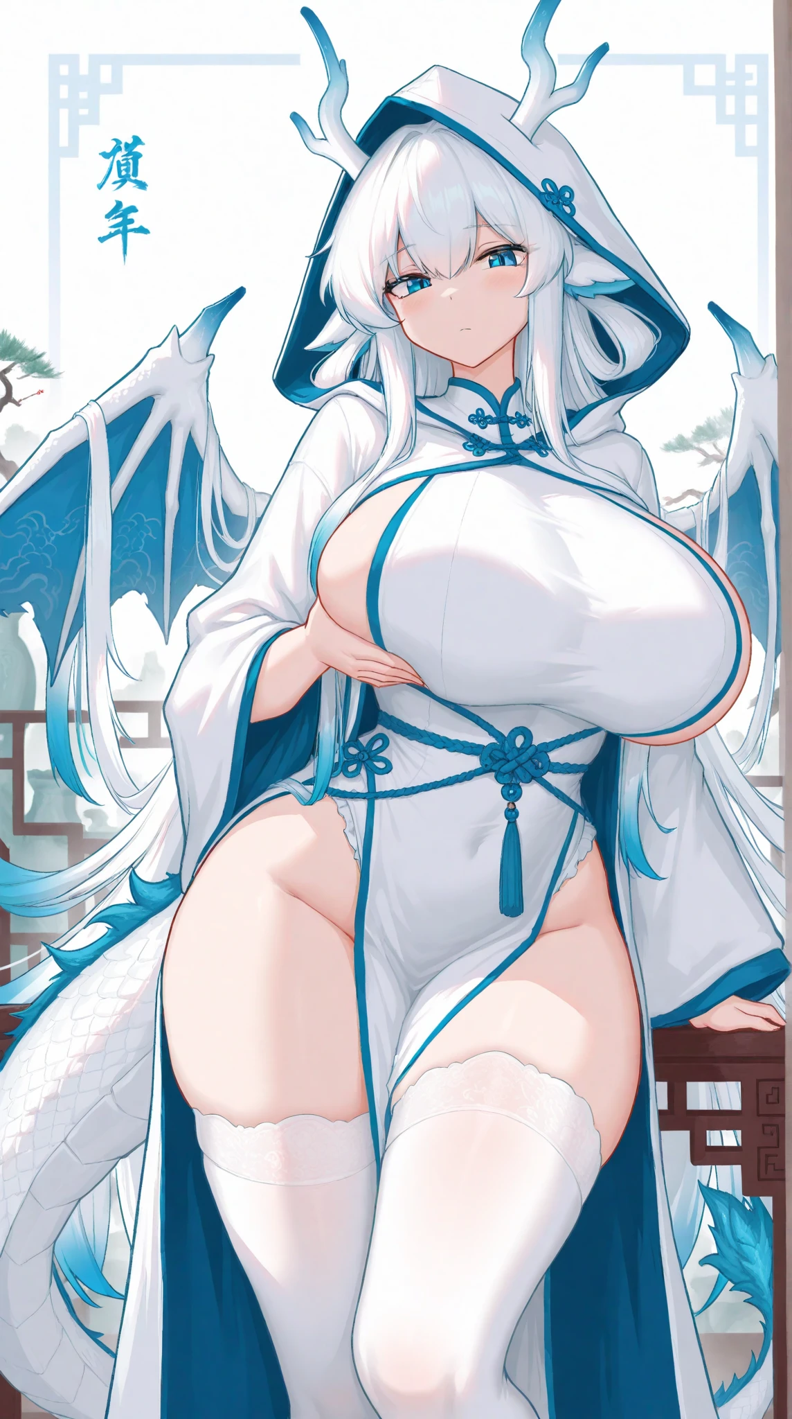masterpiece, best quality, 1girl, <lora:kwFemale_Beta40-SDXL_v1:1>, white, chinese dragon, sky, cloud, cleavage, stomach tattoo, nipple piercing, waifu
