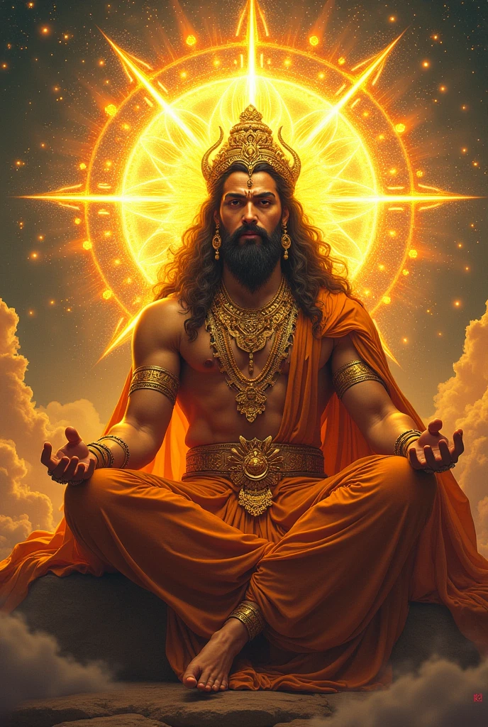 Hanuman Ji in Devotional Posture : Hanuman Ji, depicted in a vibrant, traditional style, sitting in a meditative pose with a serene expression, surrounded by symbols representing the eight Navadattas such as wealth, happiness, and health. In dall e-3 style