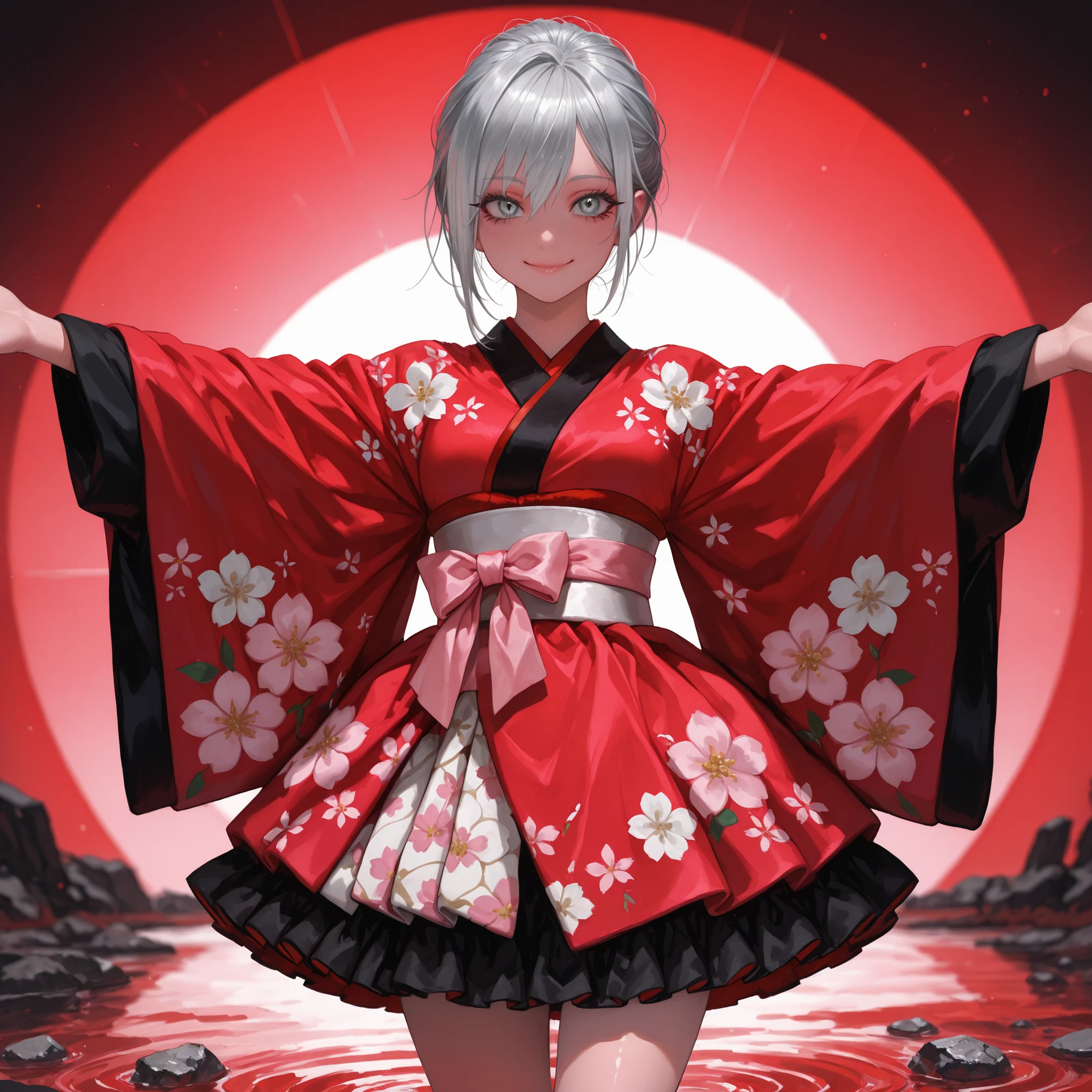 est, scenery, BREAK, depth of field, volumetric lighting, (masterpiece, best quality, absurdres, detailed,perfect quality, amazing quality, very aesthetic, absurdres, newest, ultra-detailed:1.2), extremely detailed, modern, very awa, crisp, sharp, beautiful eyes, fine textures, clean skin, 1girl, 18yo, cowboy shot, BREAK a japanese cute sexy girl with silvery white hair in an intricate asymmetrical updo. The back of her hair is short and bunched high with the ends fanning out. The left side of her hair frames her face with long, loose strands, while the right side of her hair is loosely swept back over her ears and bunched together with the back hair, creating a slightly unbalanced but elegant look. A high, luxurious hair accessory on top adds a unique and fashionable touch to the hairstyle. Her hair catches the light and gives off a shiny, metallic shine. BREAK ((glossy silver eyes:1.5)), (cute eyes, tareme, twinkle eyes), cute face, beautiful face, pretty face, beautiful, good anatomy, long eyelashes, expressive eyes, Perfect Hands, happy, smile, glossy lips, (close mouth:1.2), perfecteyes, BREAK 1girl, (pink and red theme:1.4), (red (gothic ta, french girly):1.2), (fusion of red short kimono and pink classic dress:1.4), (extremely detailed floral pattern on dress:1.4), (long and baggy kimono-sleeves with (black ruffles:1.6)), ((panier, multilayer-skirt) with (black ruffles:1.6) spread her arms, walking on the shallow watering road, blooming spring flowers beside of her. BREAK soft lighting, (masterpiece, best quality), (cute, 8K, perfect lighting, perfect anatomy), absurdres, (best quality), (ultra-detailed:1.2), high res, very aesthetic, ultra-detailed, cinematic, masterpiece, best quality, sharp outline, detailed eyes, high gradient eyes, high definition eyes