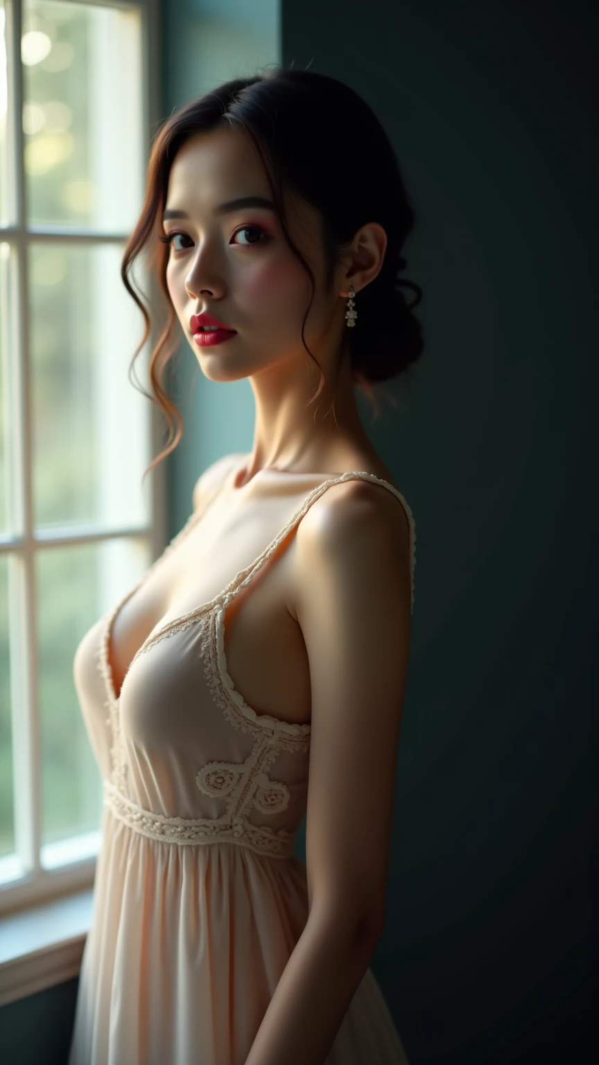 (Highest quality:1.4),(masterpiece:1.4),(Realistic:1.4),(Realistic:1.2),(超High resolution, RAW Photos:1.4),(High resolution, Very detailed:1.2),(8k:1.2),photograph,(Shot from behind:1.3)、Korean women、brown hair photos,One Woman,alone,(In underwear),Very large breasts,((Thigh to head shot:1.3))、(((topless、You can see her large breasts from the side.)))、((Smile))、((Very large breasts:1.4))、Realistic skin textures、Slightly freckled、Slender figure、Realistic skin textures、((background,Concrete wall:1.3)),(topless,The breast is visible from the side:1.6),(Long lace slip,White)、3 woman、The angle at which the nipple is not visible、((Updo long hairstyle))、((White,Long lace slip:1.4))、Correct toes、Detailed facial features、Long slip covers the buttocks and soles of the feet、Long slip covers your butt、