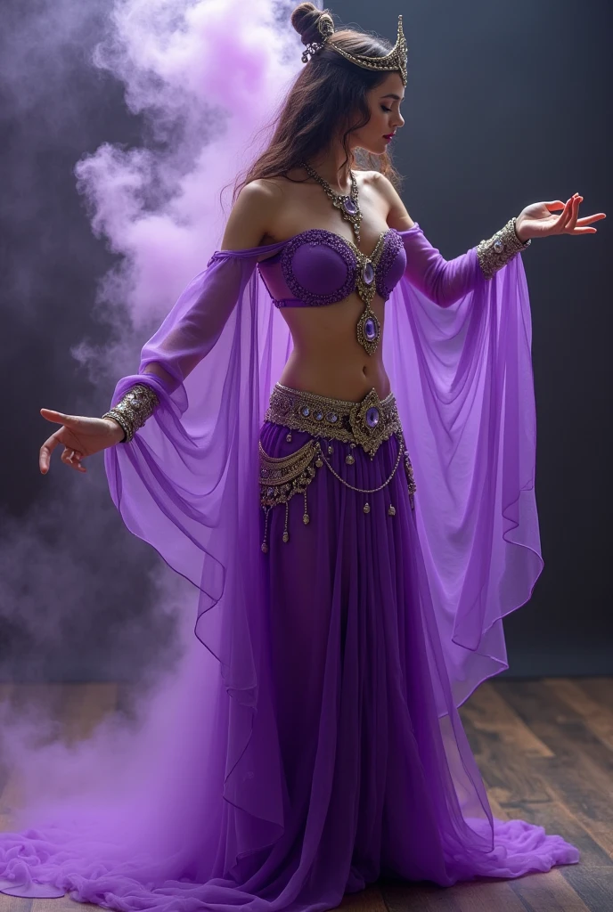 A Japanese belly dancer girl wearing glasses with a deep navel, dressed in purple, raising both hands above her head while shaking her hips