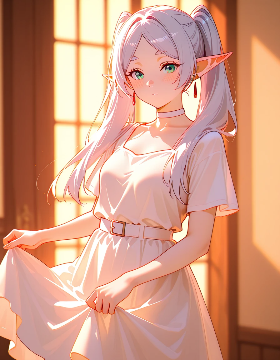 score_9, score_8_up, score_8, score_9,1girl, sexy girl, frierenpajama, elf, collarbone, skimpy clothes, petite body, small breasts, side boobs, front view, standing, smile, happy, blush, perfect lighting, light and shadow, cinematic lighting, short, small, small ass, small body, AS-YoungestV2:2, best quality, three quarter shot picture, skinny girl, flat, petite, innocent, small body, nsfw, adult_regression:1.6, unagedown, ass focus, school uniform, skirt, fishnets, at school