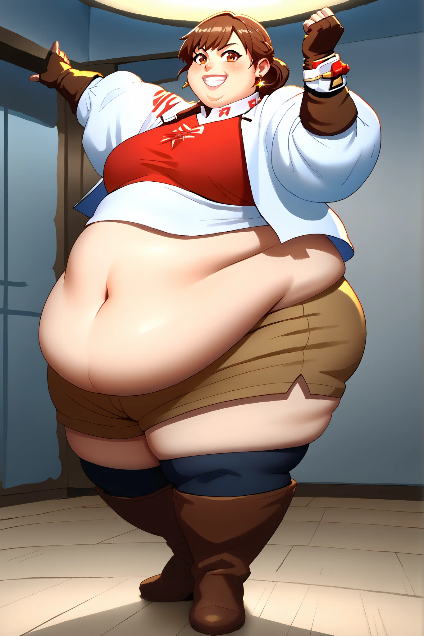 Miko Iino, fat, , chubby, overweight, twin tails, fat, large belly, standing, fat belly, very fat, , chubby,very fat, safe for work, obese, belly fat, fat, huge, heavy, very fat, safe for work, fat, standing, grabbing belly, very fat, large stomach, chubby (best quality, masterpiece),ece), stomach exposed,,, pregnant, standing, full body image, standing pose, brown hair, wearing sweatpants and a t-shirt