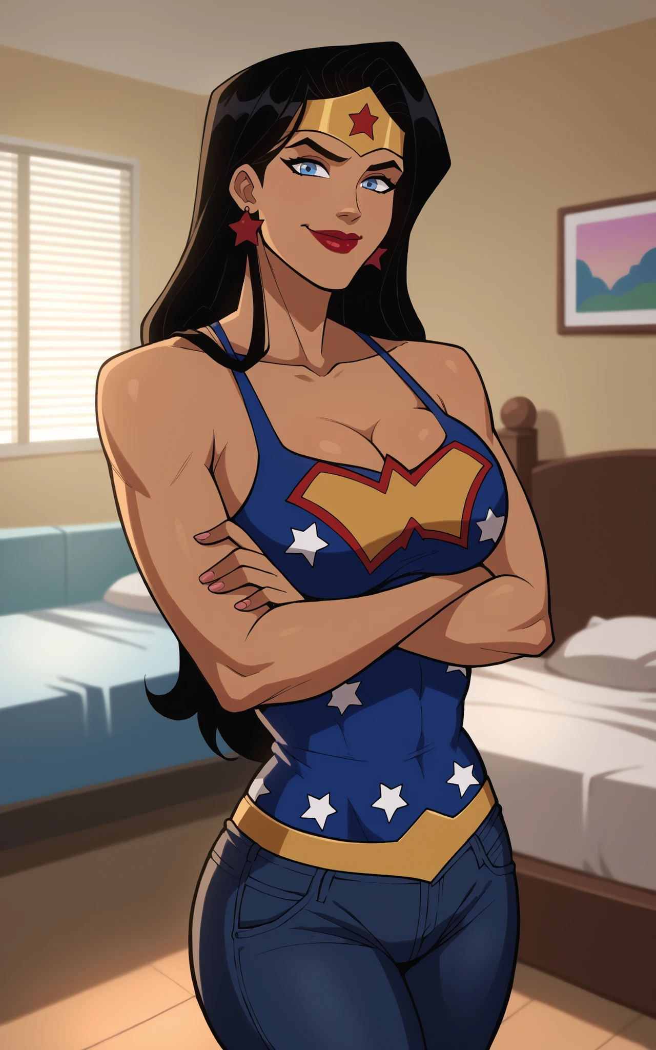 score_9,score_8_up,score_7_up BREAK wonderAP,1girl, solo, long hair, blue eyes, black hair, bare shoulders, jewelry, earrings, dark skin, blue tank top, black jeans, smiling, closed mouth, standing, happy expression, star print, superhero, bedroom, large breasts, cleavage, curvy, athletic, looking at viewer, dark red lipstick, arms crossed, crossed arms