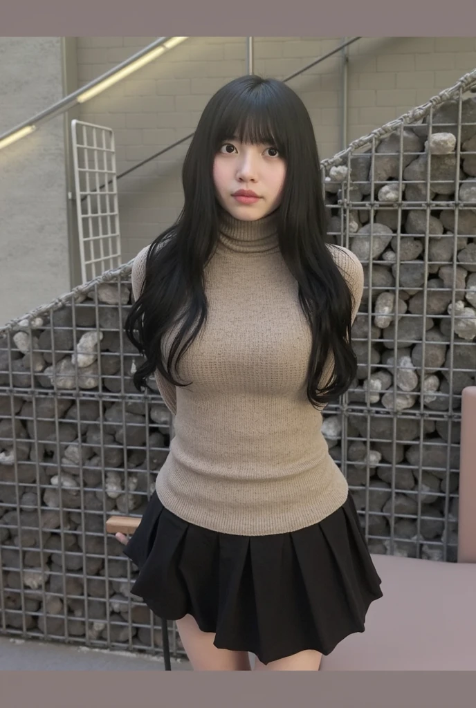 A stunningly beautiful student girl without make-up, 17 years old, /(long black hair with blue tips, triangular face, perfect yellow eyes, shapely legs, hourglass body, sexi,), /(school uniform: Yellow sweater, white blouse, dark blue miniskirt, dark blue socks,), nikon d850 film stock photograph, kodak portra 400 camera f1.6 lens, extremely detailed, amazing, fine detail, rich colors, hyper realistic lifelike texture, dramatic lighting, unrealengine, cinestill 800 tungsten, looking at the viewer, photo realistic, raw photo, high quality, highres, sharp focus, extremely detailed, cinematic lighting, 8k uhd