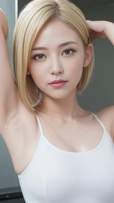 (masterpiece:1.2), ultra detailed, (realistic, photo realistic:1.37), high detail RAW color photo, professional photograph, an extremely delicate and beautiful, extremely detailed, finely detail, extremely detailed beautiful girl, extremely detailed face, extremely detailed eyes, extremely detailed skin, extremely detailed nose, extremely detailed mouth, perfect anatomy, (Japanese famous actress:1.3), brown hair, shortcut hair, (gyaru:1.3), Dynamic lighting, bra, (splashing:1.2), (black background), (wet hair:1.3), (wet skin:1.3), (full body:1.3), (water drops:1.1), (armpit),