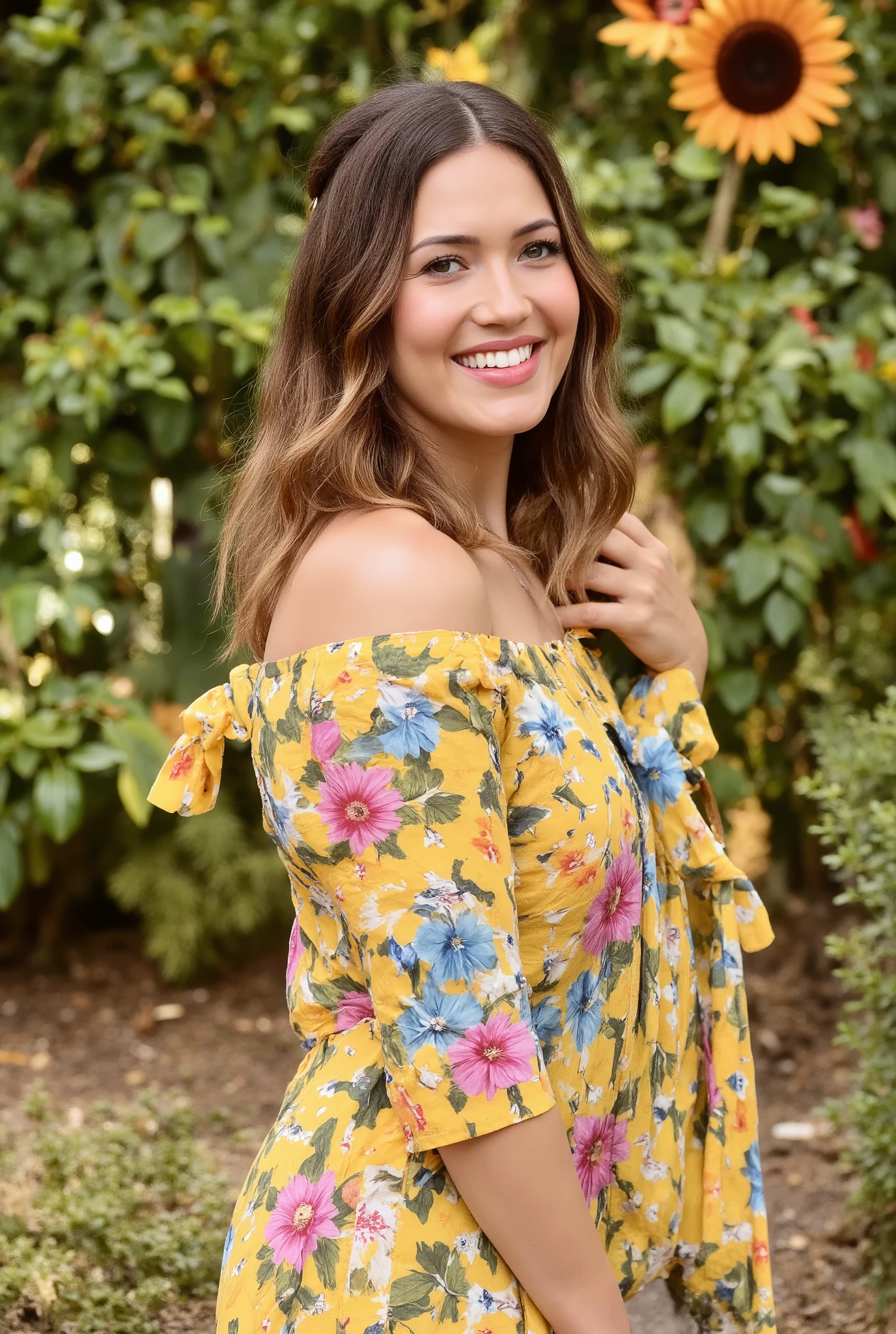 a beautiful girl , age 23, The style for this image is a realistic and vibrant photograph, wear a yellow short dress, her hair was hanging loose over her shoulders, attractive face, detailed & natural skin, stands near a sharp cutted beautiful garden, she gave a cute smile to viewer, that on her checks make a dumpple, perfect eyes, full bode view up to the last view of foot