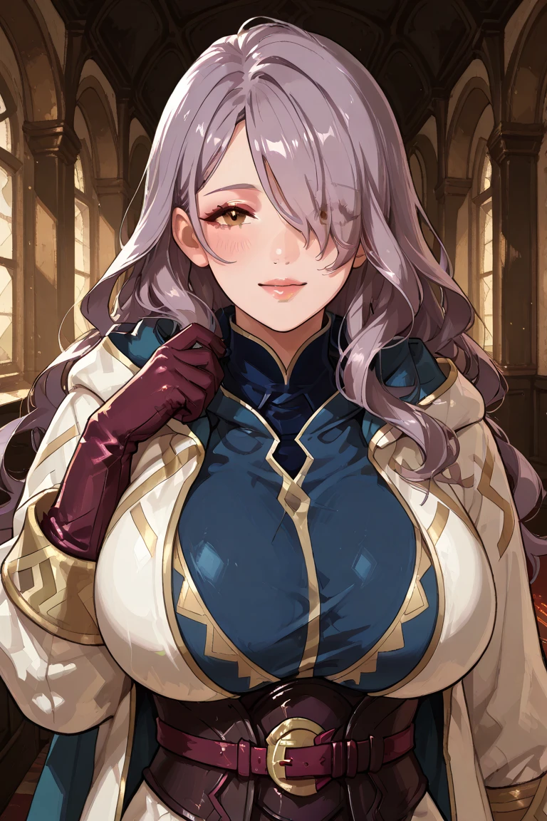1girl, cowboy shot, beautiful noelle_silva,long hair ,twintails, bangs, earring,jewelry, silver hair,purple eyes, mage_dress,white dress, cleavage, capelet,long sleeves, water, medium breast ,smile,room,indoors, front light, volumetric lighting, best quality, masterpiece, intricate details, tonemapping, sharp focus, hyper detailed, trending on Artstation,