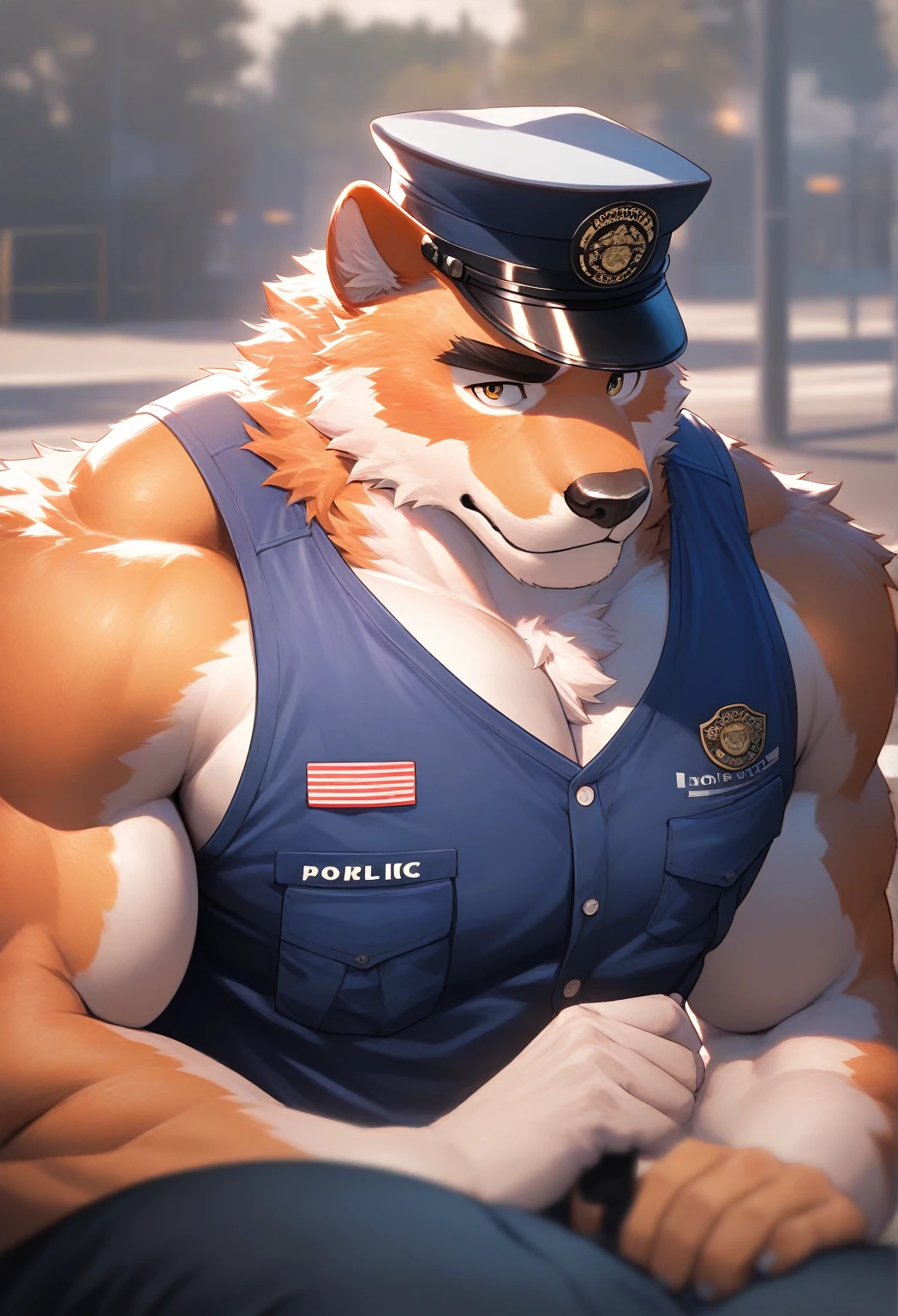 (best quality,highres,masterpiece:1.2),ultra-detailed,realistic,physically-based rendering,professional,sharp focus,vivid colors,bokeh,wolf and fox male hybrid orc,41-year-old gentleman with a charming and charismatic appearance,tantalizing and seductive,composed and determined,with incredibly developed muscles, towering and providing a great sense of security,FFFFFF and 86FFFF color codes for fur,(gay appeal),(clothed:1.1),clothing showing a hint of muscle contours,in a cozy bedroom.