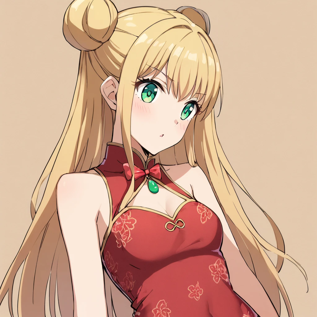 masterpiece,Highest quality, Very detailed,One Girl(Sakurai Momoka,Slender and sexy body, Nice big , Wavy Hair, Long Hair, blonde,  head band, Pink flower in hair,Green Eyes), Bright Face,  A light smile, Lips parted, nose blush, blush, In-person audience , View your audience, Tilt your head, alone, Red Chinese Dress,Long dress, Sleeveless, Black lace knee socks, In the living room, Are standing, Seducing your sexy waist, close your eyes, Tears in the eyes、Open your mouth, What saliva leaves behind, Wet skirt hem, Sticky panties, Bulging of the vibrator cord, Vibrator with Garters, I can see her pussy,The vaginal opening is visible,The vagina is visible,The female shadow is visible