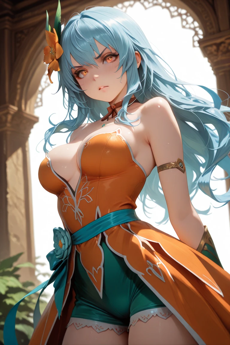 4K,High resolution,One Woman,Green Hair,Long Ponytail,Blue eyes,Big Breasts,PRİNCESS,緑色のPRİNCESSのドレス,Well good,PRİNCESSのティアラ,Costume decorated with jewels,Medieval castle