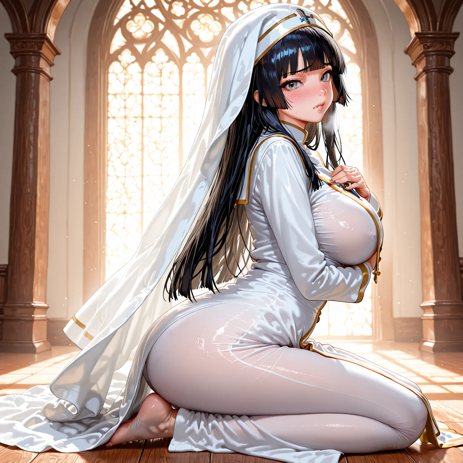 masterpiece, Highest quality, Very detailed, To the camera, 複雑に詳細なVery detailed, Realistic, Sharp features, Very detailed, Sharp focus, Perfect Face, Perfect Face, Perfect symmetry and perfect eyes, Perfect Plump Lips, Flexible female form, Cinematic, Film Light, Very detailed, hyper Realistic, masterpiece, Atmospheric, High resolution, Vibrant, Dynamic Studio Lighting, ((Dark Background)), The expression when enduring pleasure, Straight bangs, blue eyes,Back view on all fours、Butt、Sexually aroused expressions、No clothes、No underwear、No bra、((Full nudity))、White Veil