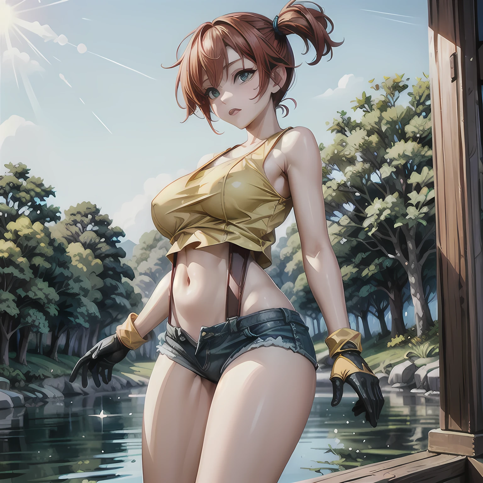 (score_core_8_up、score_7_up)、
 ((best quality、masterpiece))、Pokémon Kasumi、One person、
完璧な解剖学、A silly solution、perfect human body drawing、perfect hand in h、Move your hand off the screen、adventure、Thick thighs:1.how your stomach、(前かがみ)、
((Midea 、非常にMidea))、bulging huge breasts:1.5、 completely naked、
 official style、(ultra high resolution)、 anime、from front、view of large breasts、
facial focus、、standing、(mature)、  1 girl、Outdoors、background、 Compa、green eyes、orange hair、 、yellow shirt、sleeveless shirt、 small denim shorts、suspenders、(thin)、 shirt gloves、shirt_pull:1.2 ,dye your cheeks red、shy face with hem、