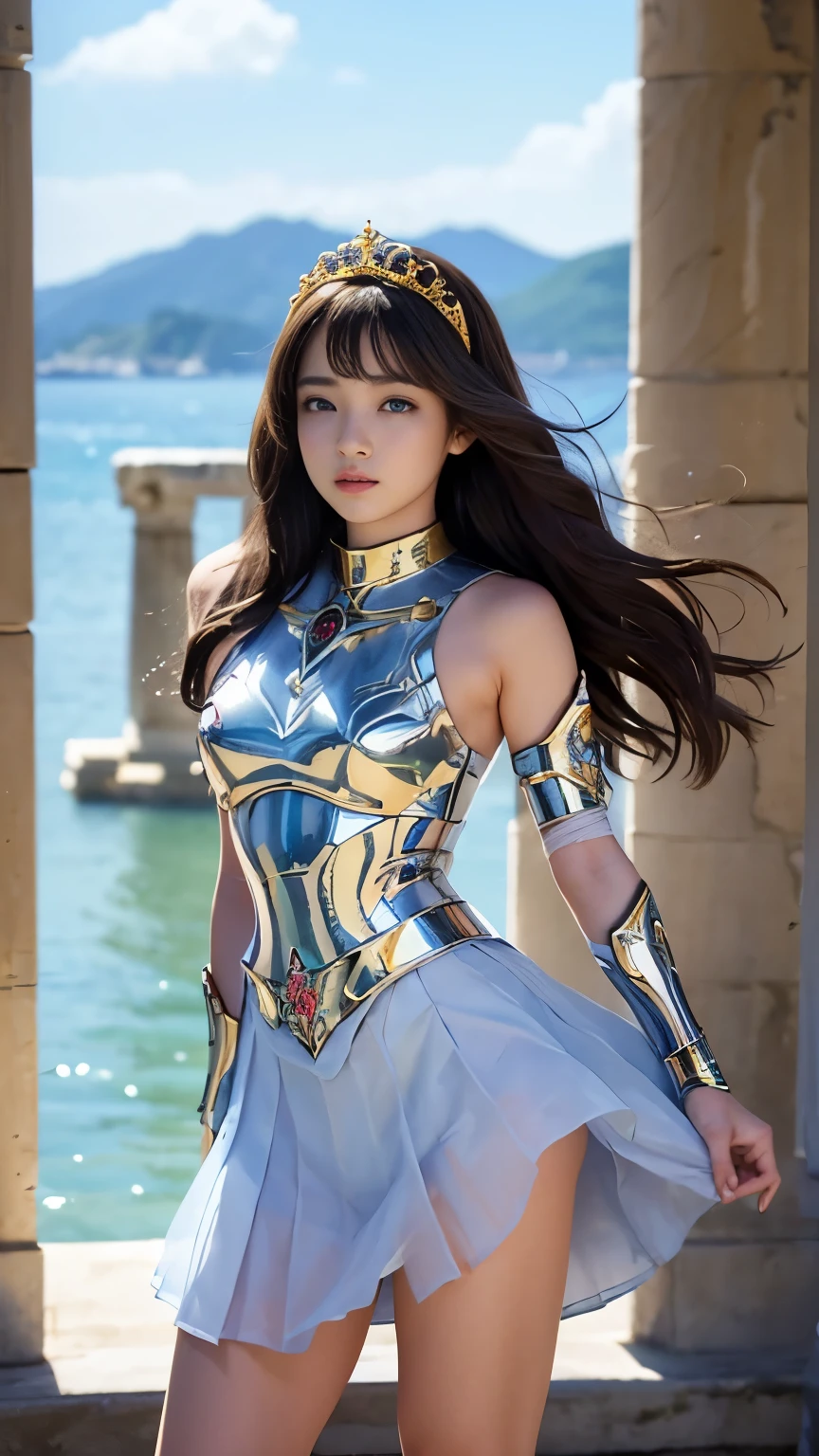 masterpiece, 8k, 最High Quality, intricate details, ultra details, 超high resolution, (makeup: 0.4), (ふわふわのblue eyes: 1.21), ((full body)), ((muscles: 1.1)), (( orbital space: 1.3)), standing, high resolution, ultra detail, EF24-70mm f/2.8L II USM, 最High Quality, High Quality, 1 girl, Japanese girl, alone, cute, beautiful,  charming,tiara、Bare hips in a flipped skirt、(Fuck a naked hip from below)、 (((Fuck a short, fluttering see-through skirt from below))), 18 years old, 若い女性がstanding, Realistic constellations floating on the sea with a Greek temple in the background,  Gold, wavy hair with a graceful expression, soft flowing hair, Realistic details, Smooth face, blue eyes, (Shiny purple armor, Armor with gold engraving, curved shoulder brace , arm guards, short see-through layered skirt), Short wavy skirt, The chest section of her armor is shaped like a curved board that follows the contours of her body、body floating on the sea with a Greek temple in the background, Created with, Lightweight metal boots with foot guards, sleek design, It is created with hair that is gently wrapped around the neck and flutters in the wind. The style of this illustration is、blue sky and white clouds, Metal texture of the armor, Softness of the scarf, And natural light reflecting off the water.(((A very young looking girl:1.4))),nsfw