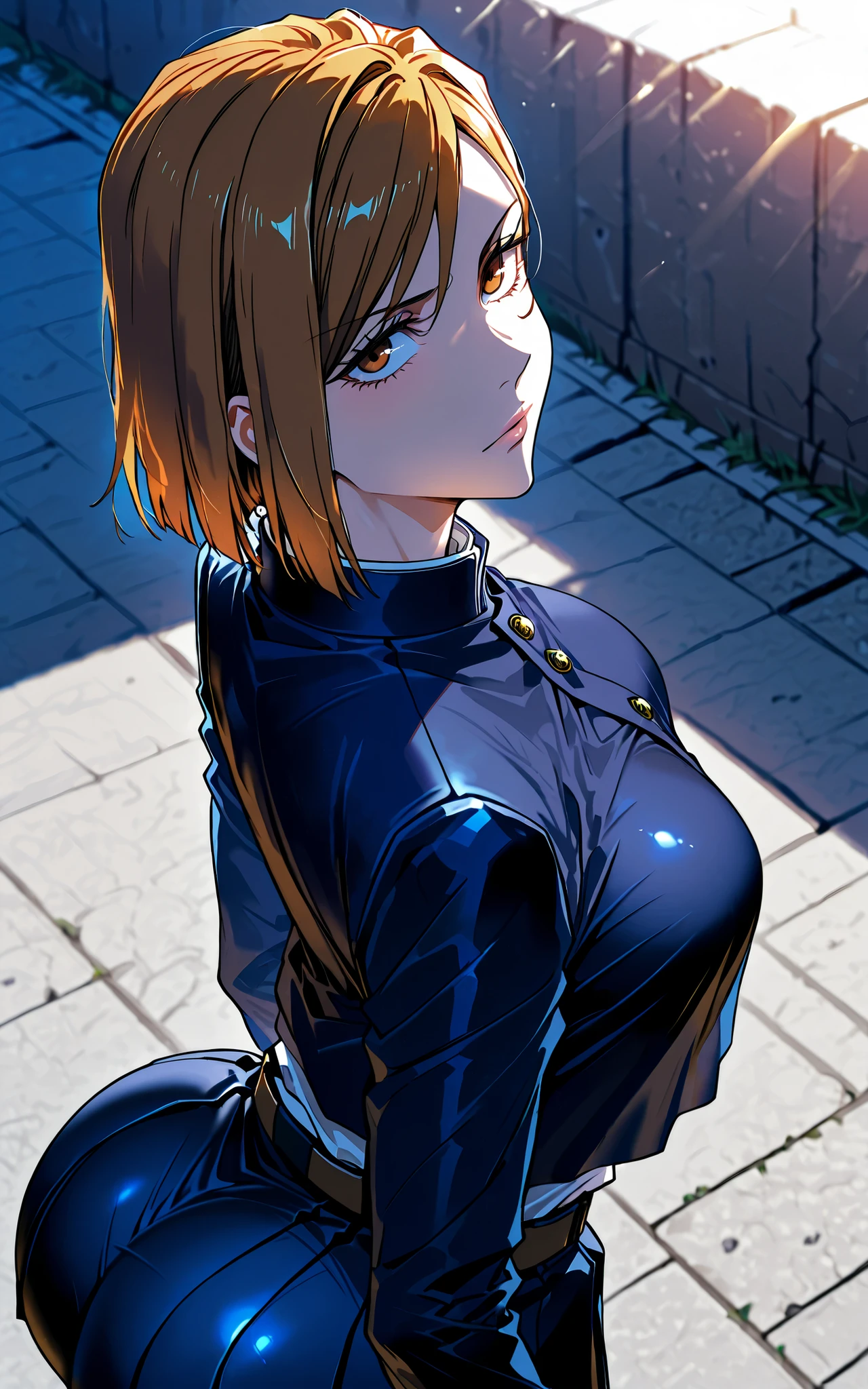 masterpiece, best quality, absurdres, highres, detailed background, 
  1girl, solo, kugisaki nobara, upper body, outdoors, sunlight, looking at viewer, school uniform, from above, looking up,fat ass,