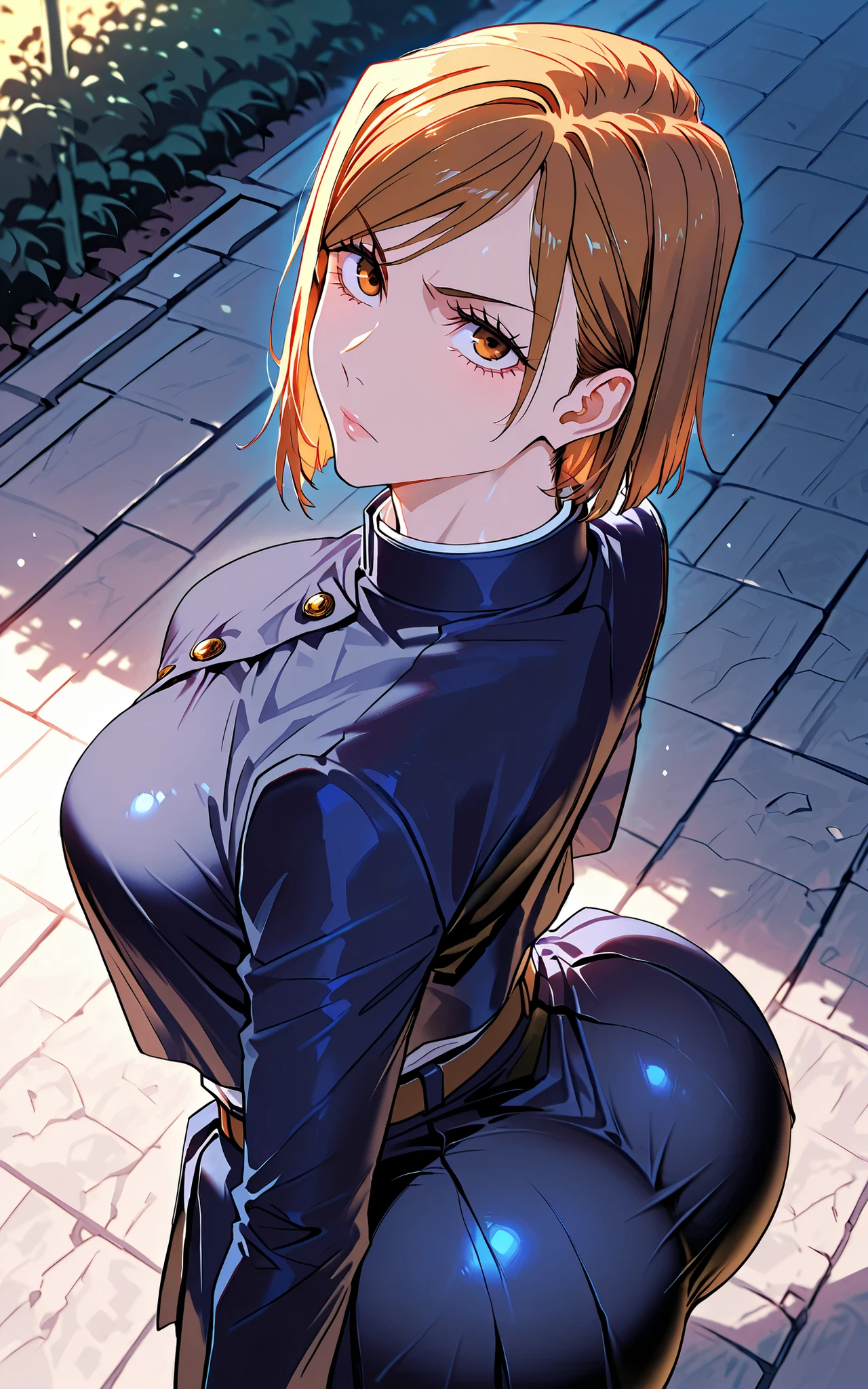 masterpiece, best quality, absurdres, highres, detailed background, 
  1girl, solo, kugisaki nobara, upper body, outdoors, sunlight, looking at viewer, school uniform, from above, looking up,fat ass,
