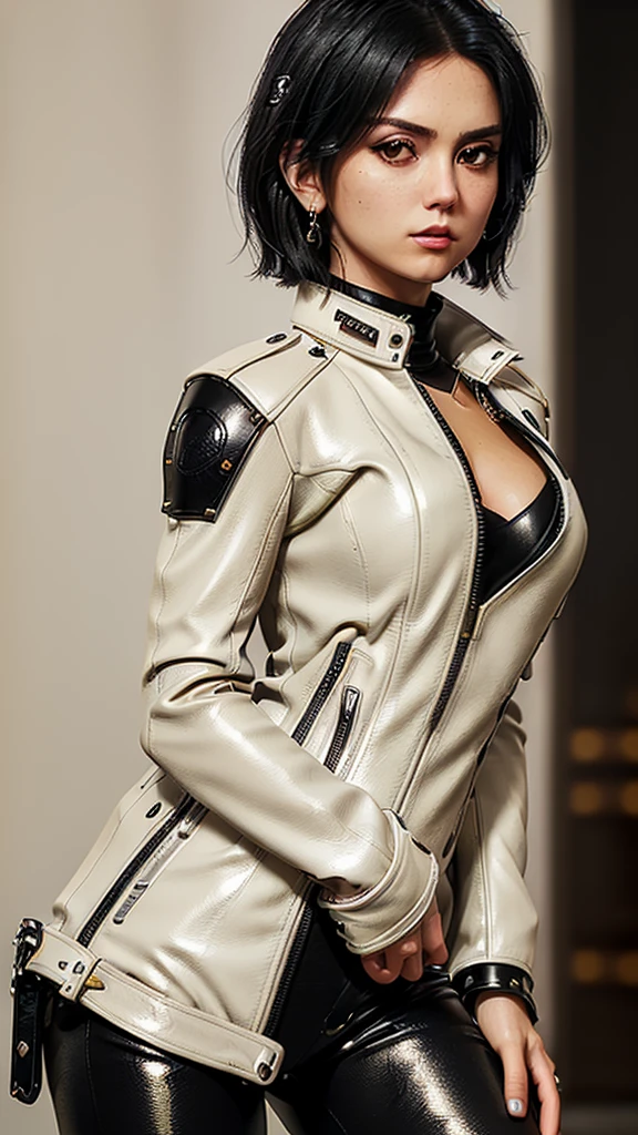 Jaimie Alexander, in comic book panel, full body, bold lineart illustration comic, seductive eyes, parted lips, perfect body, curvy, nsfw, in the style of Adam Hughes, (extremely detailed, masterpiece, best quality, 8 K ), (((best quality))), (((masterpiece))), (((adult))), warrior, with perfect body, sexy white bra with red lace, stylized white leather jacket with many metallic details, hand with steel gloves and metal spikes, ((under)), torn cargo pants almost naked in the wild urban style of Simon Bisley for the cover of 2000 A.D. magazine, Minimal clothes, armor (clothes made with the flag of the United Kingdom 🇬🇧), full of spikes and ink-stained rivets, 5-pointed star tattoo, (((full body)))