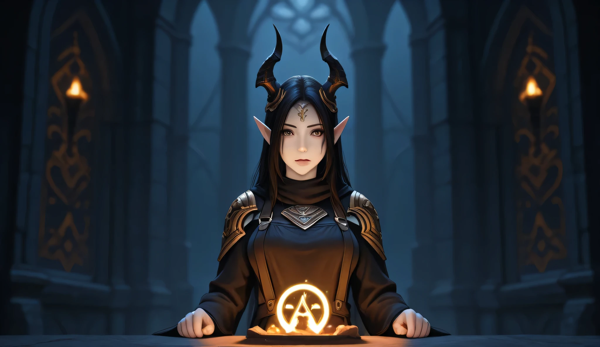 The image is a fantasy-themed website layout for "Forsaken World" with a dark, mystical design. The top includes a logo with a stylized ornate font in black and gold accompanied by a horned character with pale skin, pointed ears and complex facial features set against a blurred background. Leave the navigation bar blank. Leave the entire background blurred. Make the footer in a dark style with a golden transition, maintaining the overall dark fantasy aesthetic. No text should be added except for the name in the logo.