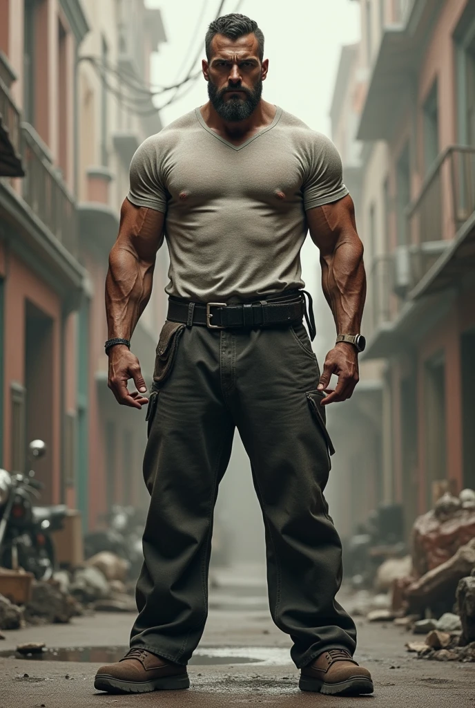The scene of a man with a very tall body, big and sturdy, all the muscles on his body bulging, showed that he was a strong person. His whole body is brown in color. black hair, his face looked angry. lifting the car with both hands in the middle of the city. the atmosphere seemed chaotic. Wall chips and dust are clearly visible. the car looks messy. 4D realistic images.