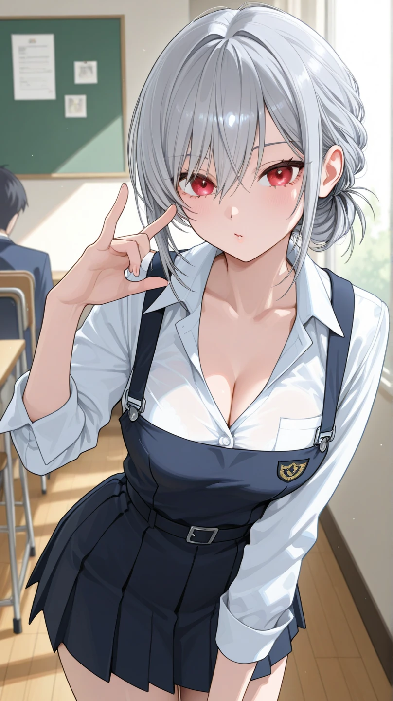 ((Highest quality)), ((masterpiece)), (detailed), One person,25 years old,(Black shirt),(mini skirt),student,student服,high school girl,Shoulder Bare,Big Breasts,blush,Underboob,(I can see her cleavage),(Excited expression),(Seduce),night,indoor,Dim lighting,(In a dimly lit room),(In a messy room),Browsing Caution,sexy,Dirty,Sweat
