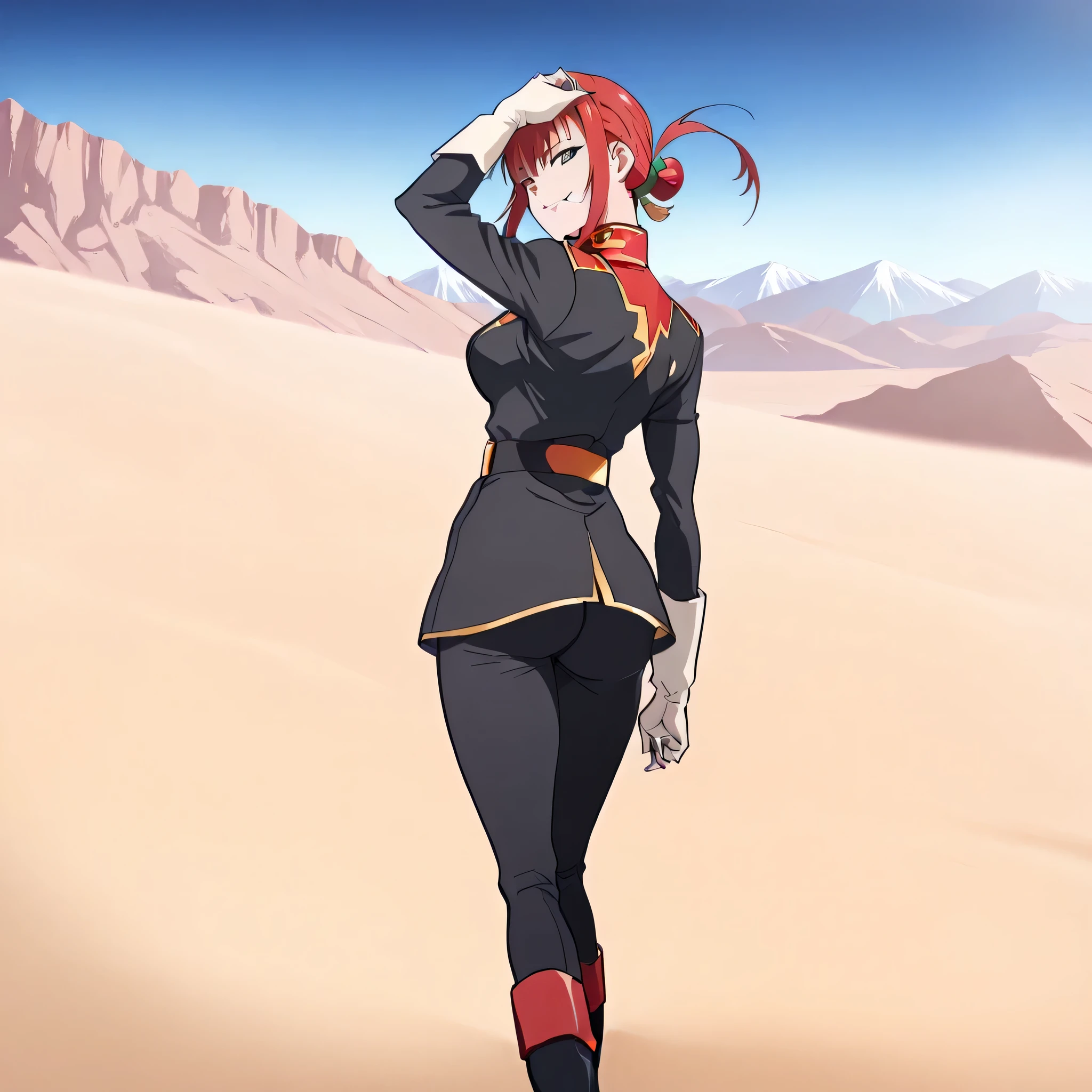ultra-High resolution, score_9,score_8_up,score_7_up,score_6_up,score_5_up,score_4_up, BREAK, source_anime, anime screencap, uncensored, rating_explicit, Masterpiece, curvy, dark persona, looking at viewer, Fighting Stance, (((solo, 1girl))), hair ornament, (((zabiarov, military uniform, white gloves, black pants, boots, black uniform))), ZetaGBTT, seductive pose, submissive pose, medium breast, alma_CF, red hair, short hair with long locks, bangs, sidelocks, single hair bun, hair ornament, floating hair, ponytail, green eyes, smile, young girl, cute, ass, looking from back, from back, from behind, view from back, looking aways, wind, hand on hair, mountain, sand, desert