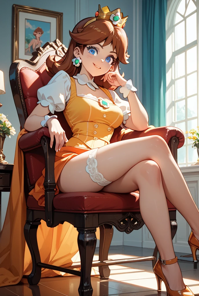 1girl, (solo:1.2), (talking:1.3), (looking at viewer:1.5), (cowboy shot:1.5), (masterpiece:1.3), (best quality:1.3), (perfect anatomy:1.4), highly detailed, <lora:Sciamano240 [MockAi - v1.0]:0.8> sciamano240, soft shading, detailed, semi-realistic, (short dress:1.3), bare thighs, skin-tight dress, cocktail dress, <lora:Mario - Daisy [Numeratic - v1.0]:1> princess daisy, brown hair, crown, medium hair, (living room scenery:1.4), inside, (comfy sofa:1.3)