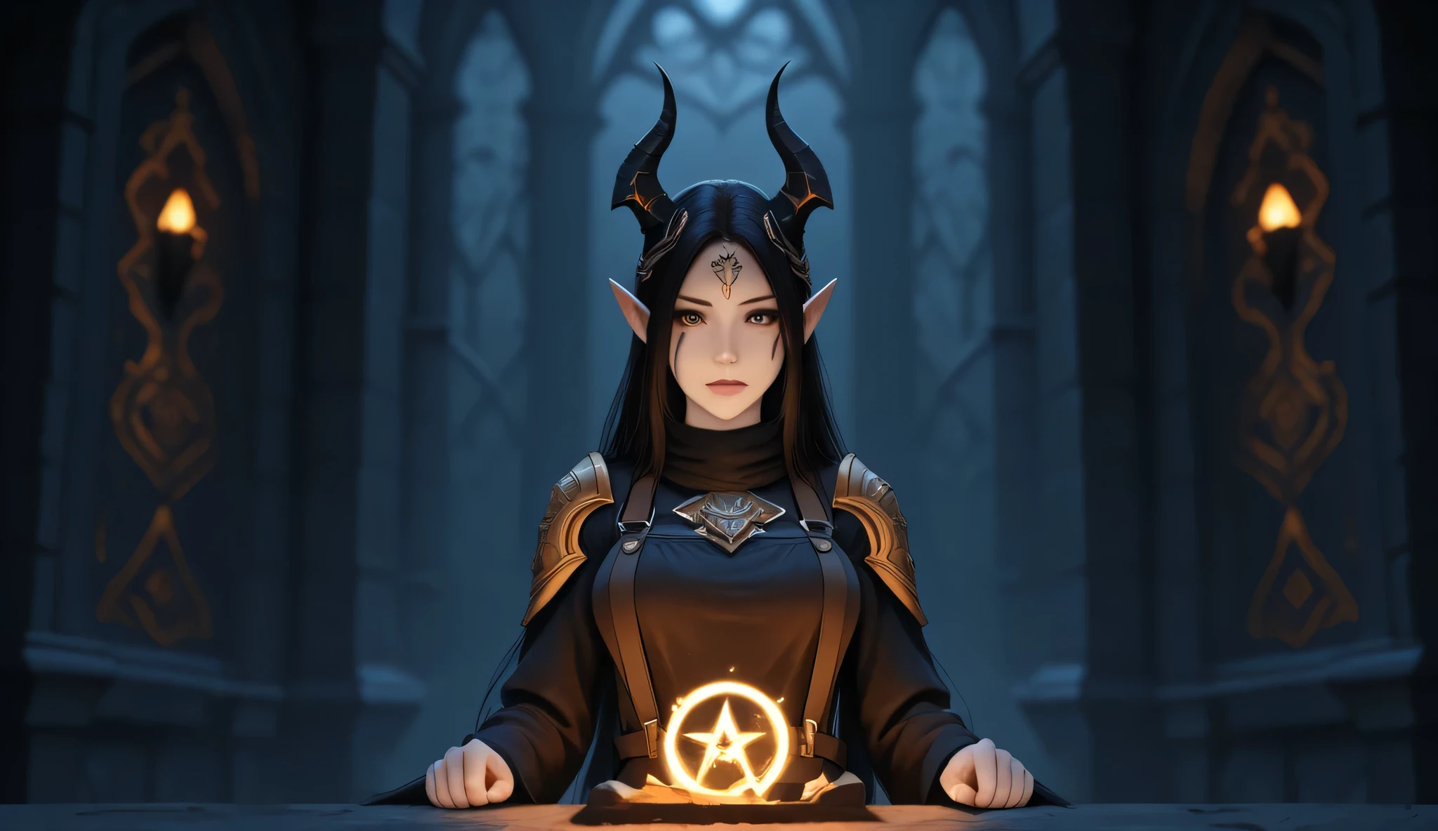 The image is a fantasy-themed website layout for "Forsaken World" with a dark, mystical design. The top includes a logo with a stylized ornate font in black and gold accompanied by a horned character with pale skin, pointed ears and complex facial features set against a blurred background. Leave the navigation bar blank. Leave the entire background blurred. Make the footer in a dark style with a golden transition, maintaining the overall dark fantasy aesthetic. No text should be added except for the name in the logo.